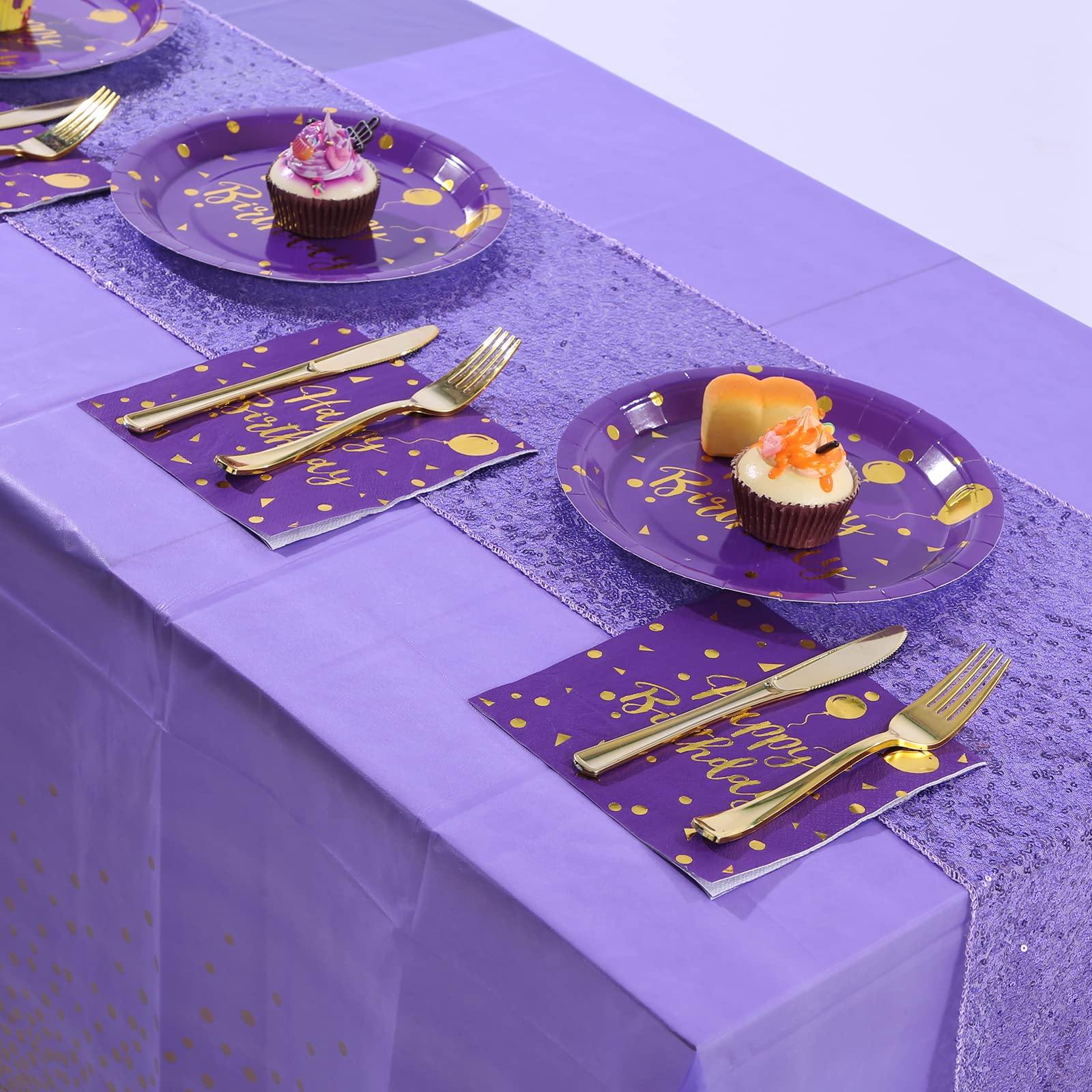 100 Pack Purple & Gold Happy Birthday Disposable Paper Napkins - Elegant Party Supplies for Birthday Celebrations, Baby Showers & Special Events