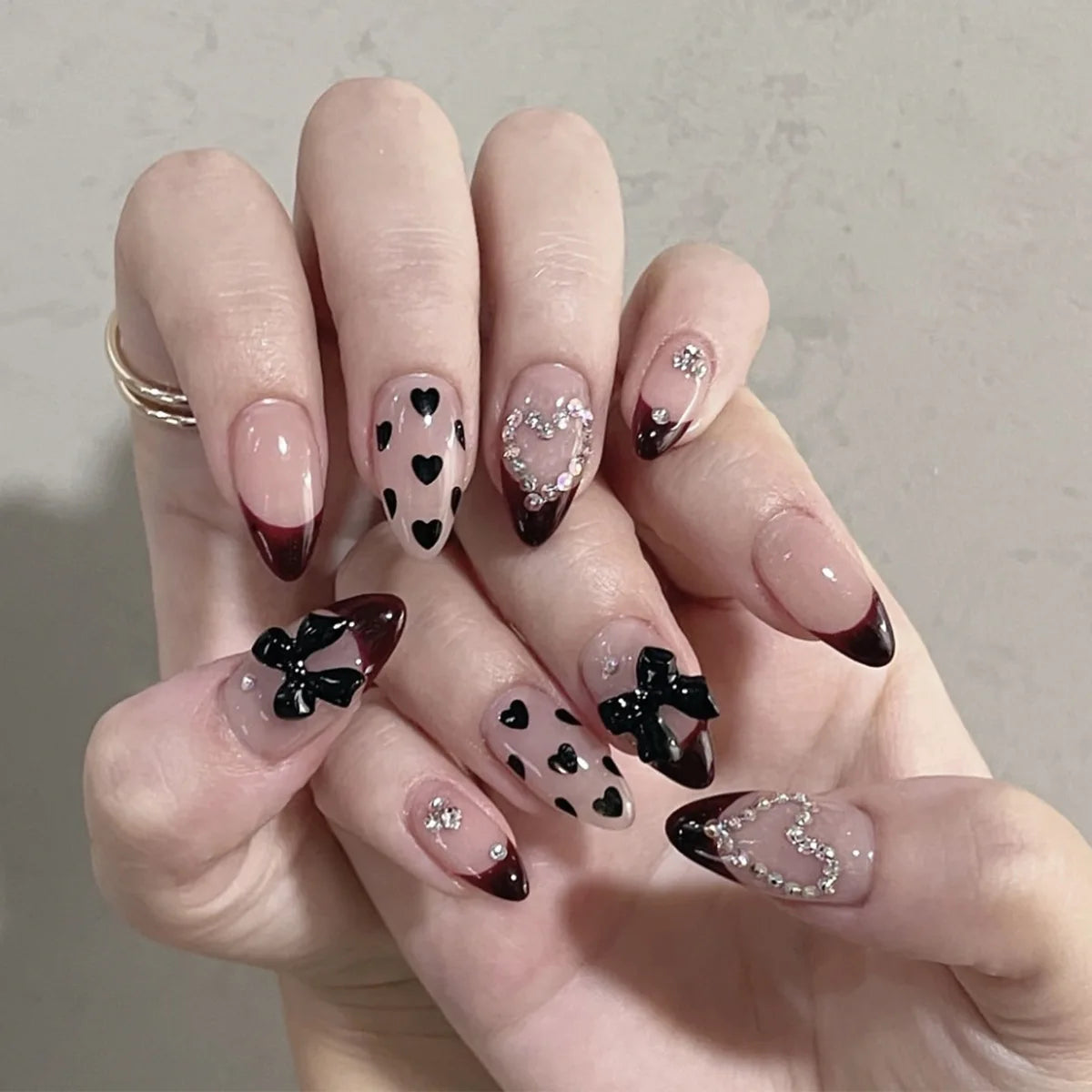24Pcs Glitter Gradient Love Fake Nails - Short Almond French Design Press on Nails for Valentine's Day, Party, Wedding, Prom | Pink False Nails for Sweet Girls & Women | Easy to Apply, Reusable Artificial Nails