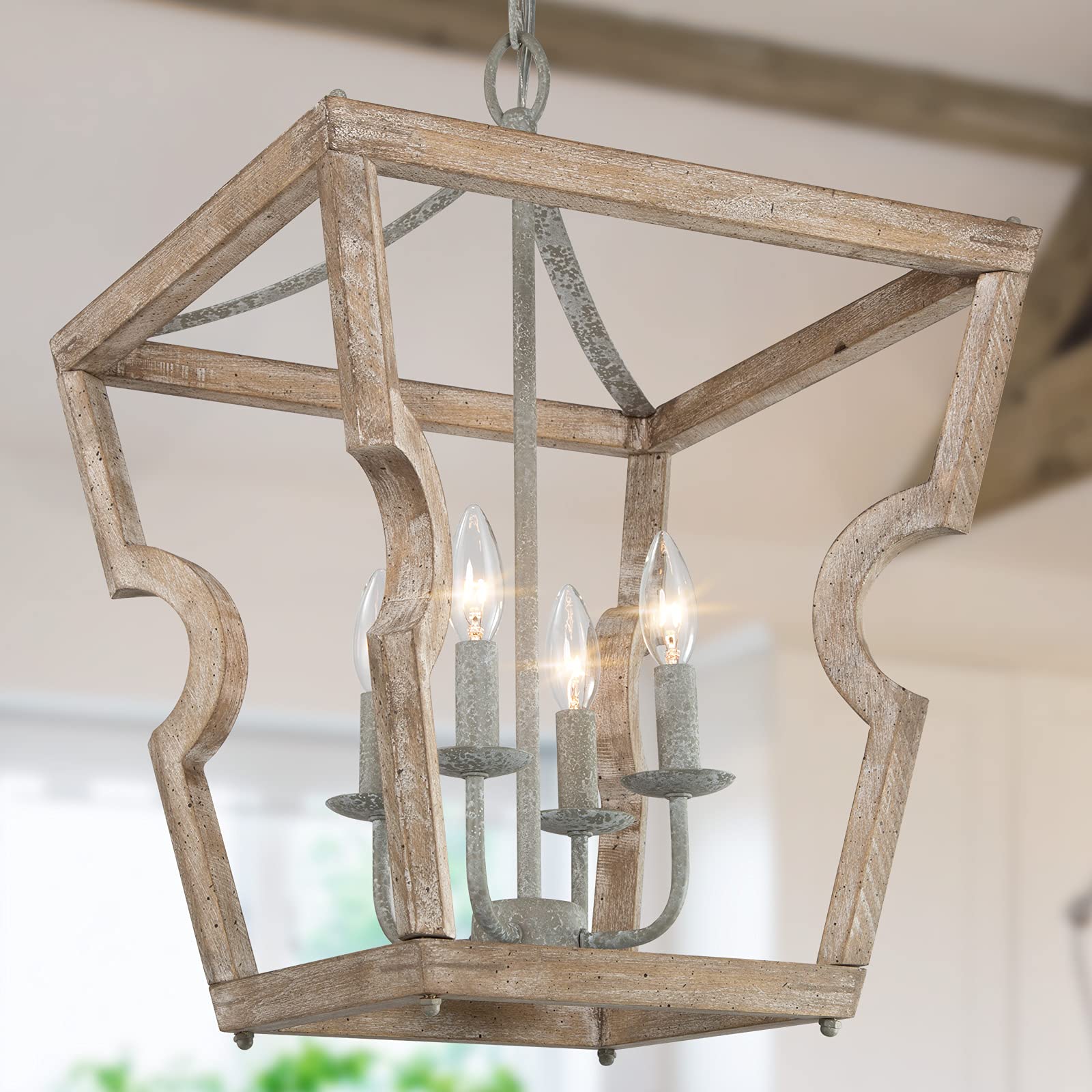 Rustic Farmhouse Wood Chandelier - 4-Light Wooden Lantern Pendant Light for Dining Room, Kitchen Island, Foyer - Perfect for Country Style Home Decor & Cozy Interior Lighting