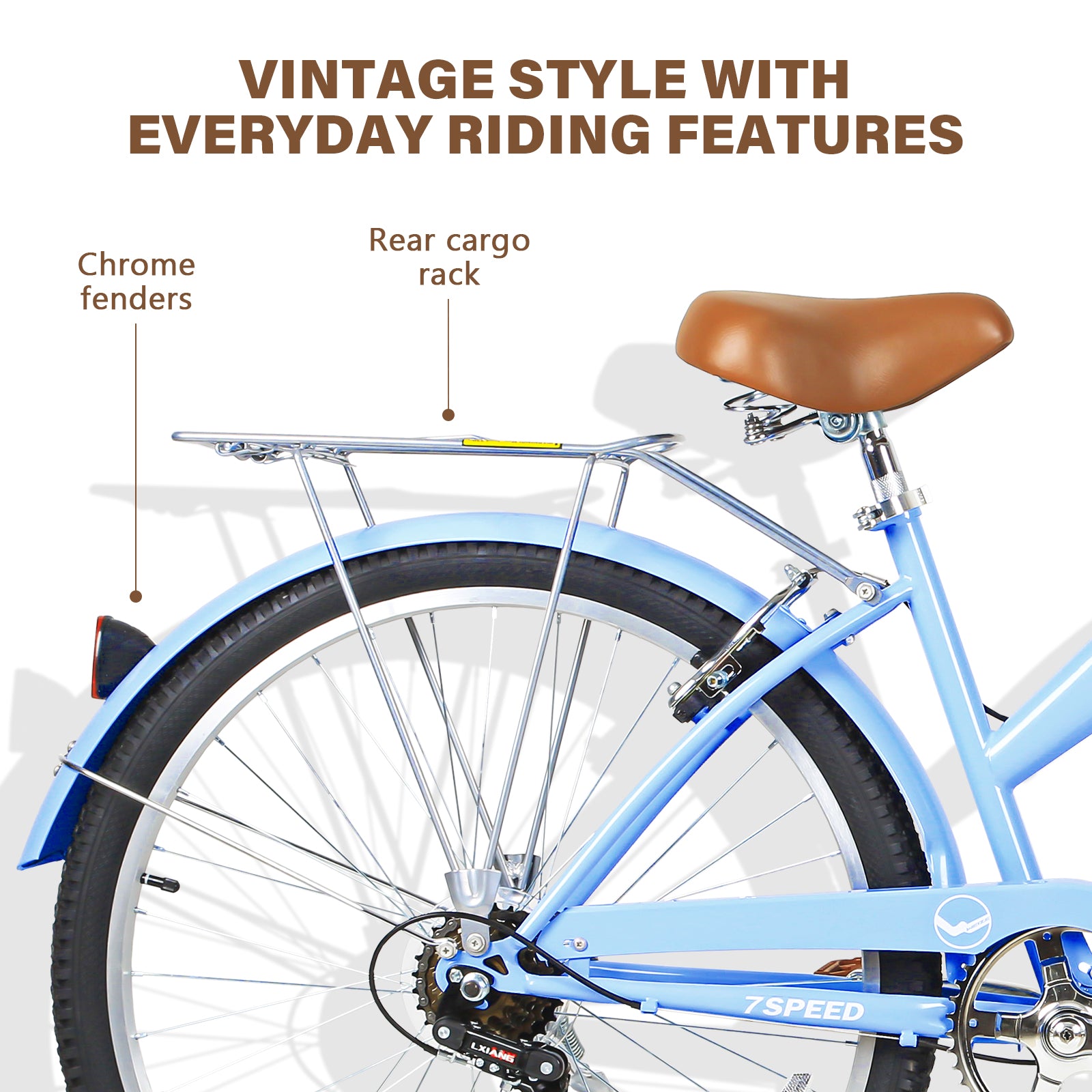 WEIZE 26 Inch Blue Beach Cruiser Bike for Adults - 7 Speed Comfortable Commuter Bicycle with Padded Seat - Perfect for Beach Rides, City Commuting & Leisure Cycling