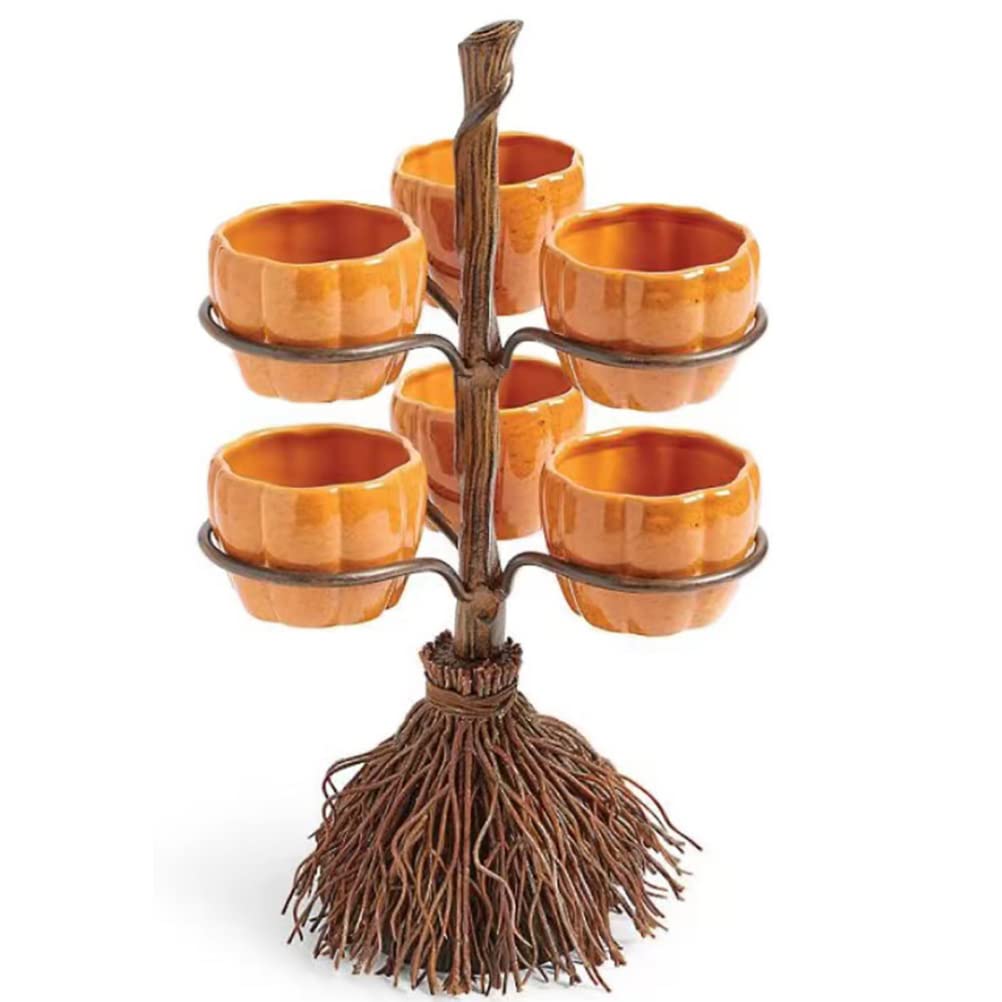 Halloween Pumpkin Bowls on Broom - Cute Serving Bowls for Snacks, Salad & Fruit - Perfect for Halloween Party Decorations & Spooky Table Settings