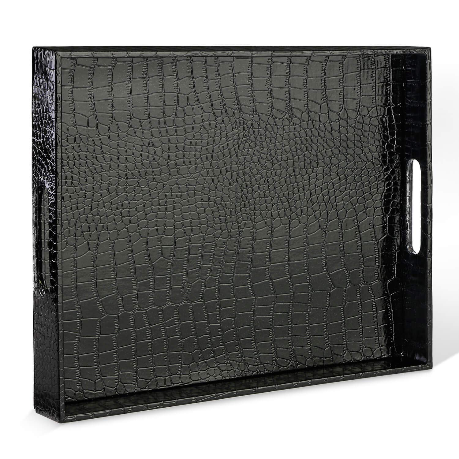 Ranslen Large Rectangular Decorative Serving Tray with Handles - Black Alligator Grain Design - Sturdy Coffee Table Tray for Tea, Food & Bedroom Breakfast - Perfect for Dining, Entertaining & Picnics