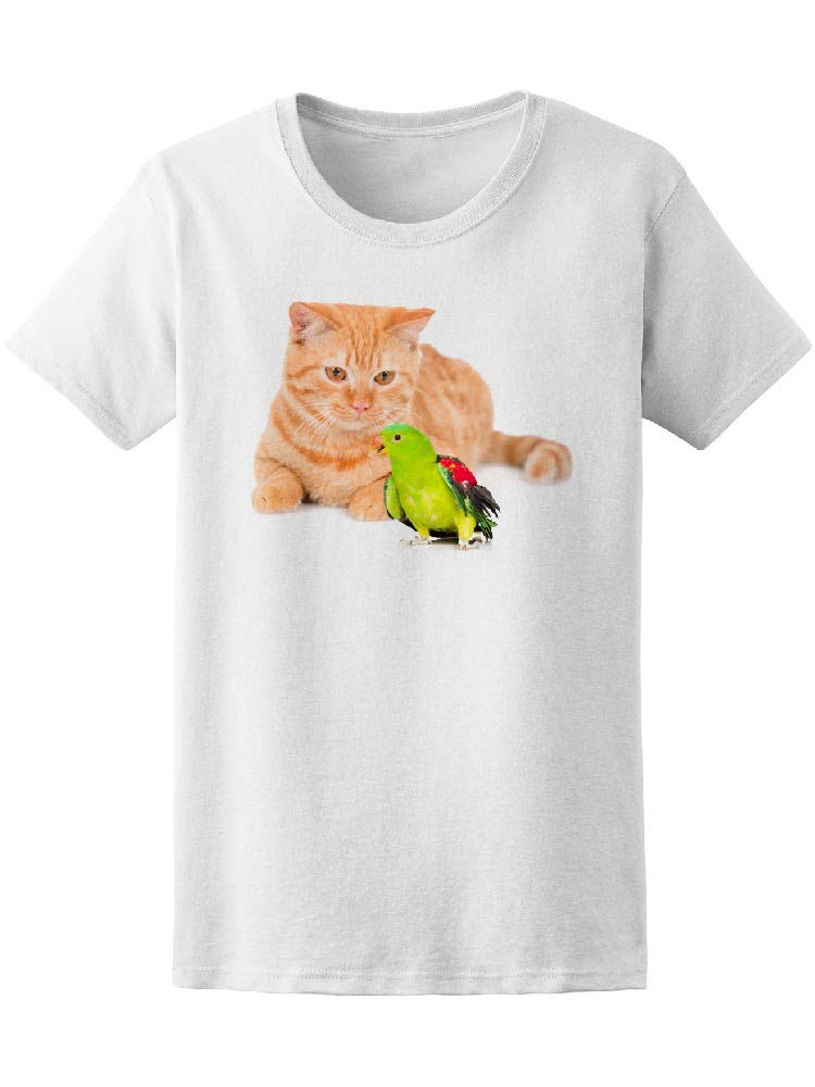 Stylish Red Cat and Colorful Parrot Graphic T-Shirt for Men - Casual Cotton Tee for Streetwear, Weekend Outings & Gifts