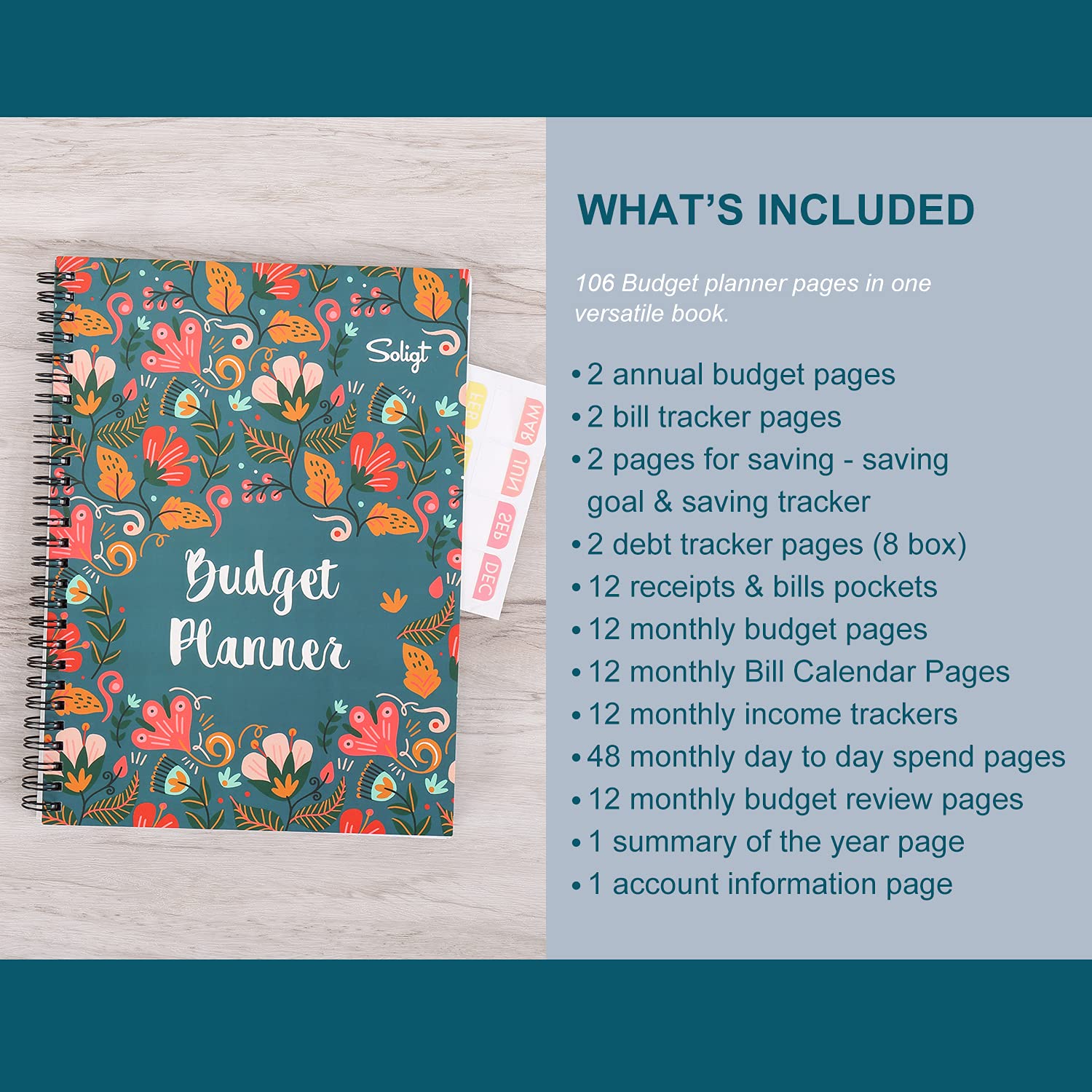 2025 Budget Planner with 12 Pockets - Monthly Financial Organizer, Undated Money Expense Tracker & Debt Saving Notebook (Blue Floral Spiral Design) - Perfect for Home Budgeting, Bill Management & Personal Finance Planning
