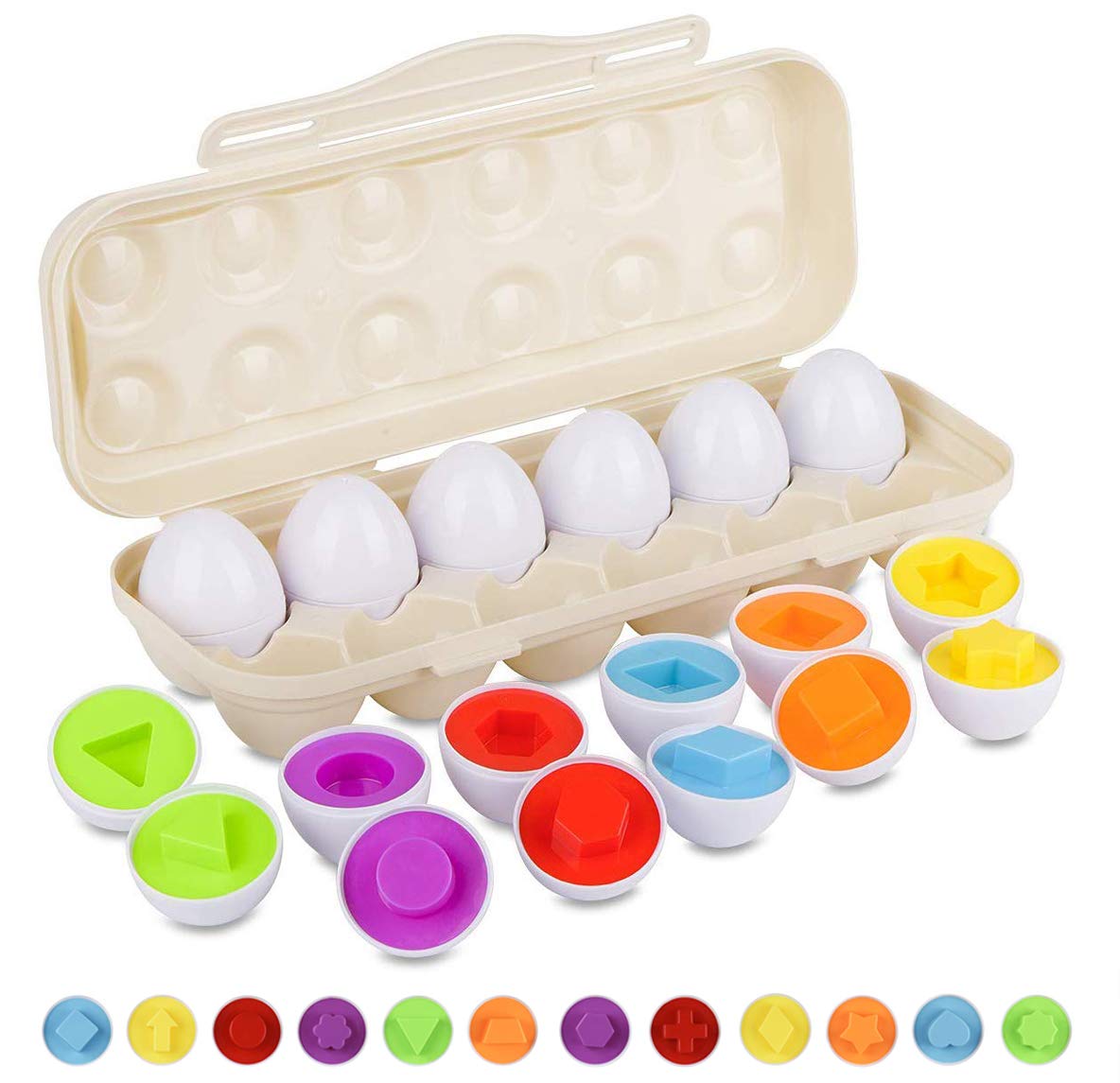 Upgraded Matching Eggs Set with Beige Holder - 12-Piece Toddler Learning Toy for Shapes & Colors, Educational Sorting Puzzle Game to Improve Motor Skills | Easter Gift for Kids | Perfect for Preschool Classroom, Montessori Activities & Birthday Party Favors