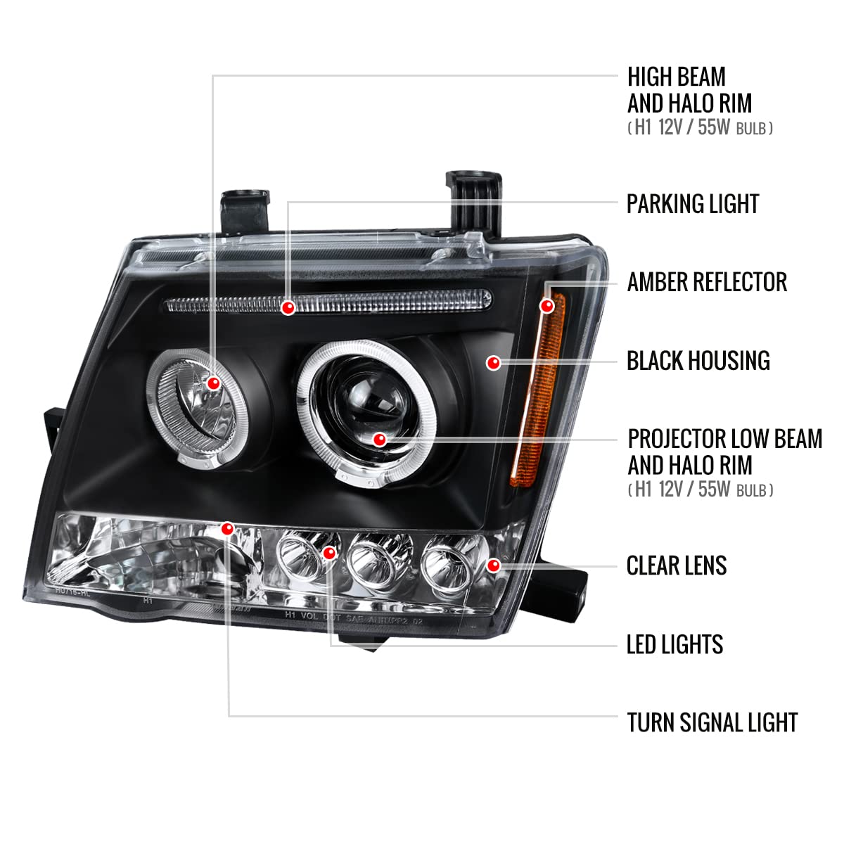 05-12 Nissan Xterra LED Halo Projector Headlights - Black HID Replacement Driving Lamps for Off-Road & Night Visibility | Upgrade Your Xterra's Style & Safety