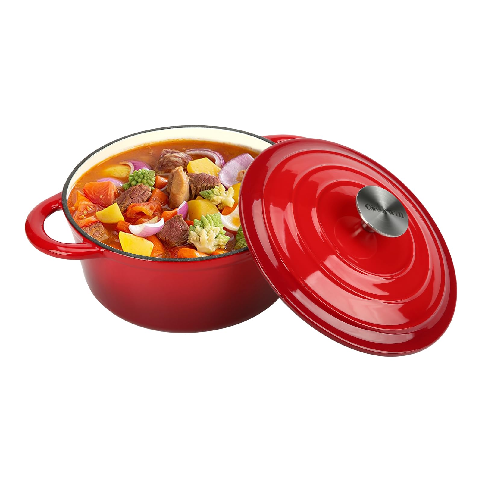 **3 QT Enameled Cast Iron Dutch Oven with Lid – Heavy Duty Dual Handles for Baking Bread, Braising, Soups & Meat – Ideal for Family Cooking, Stovetop & Oven Use – Cerise Red**