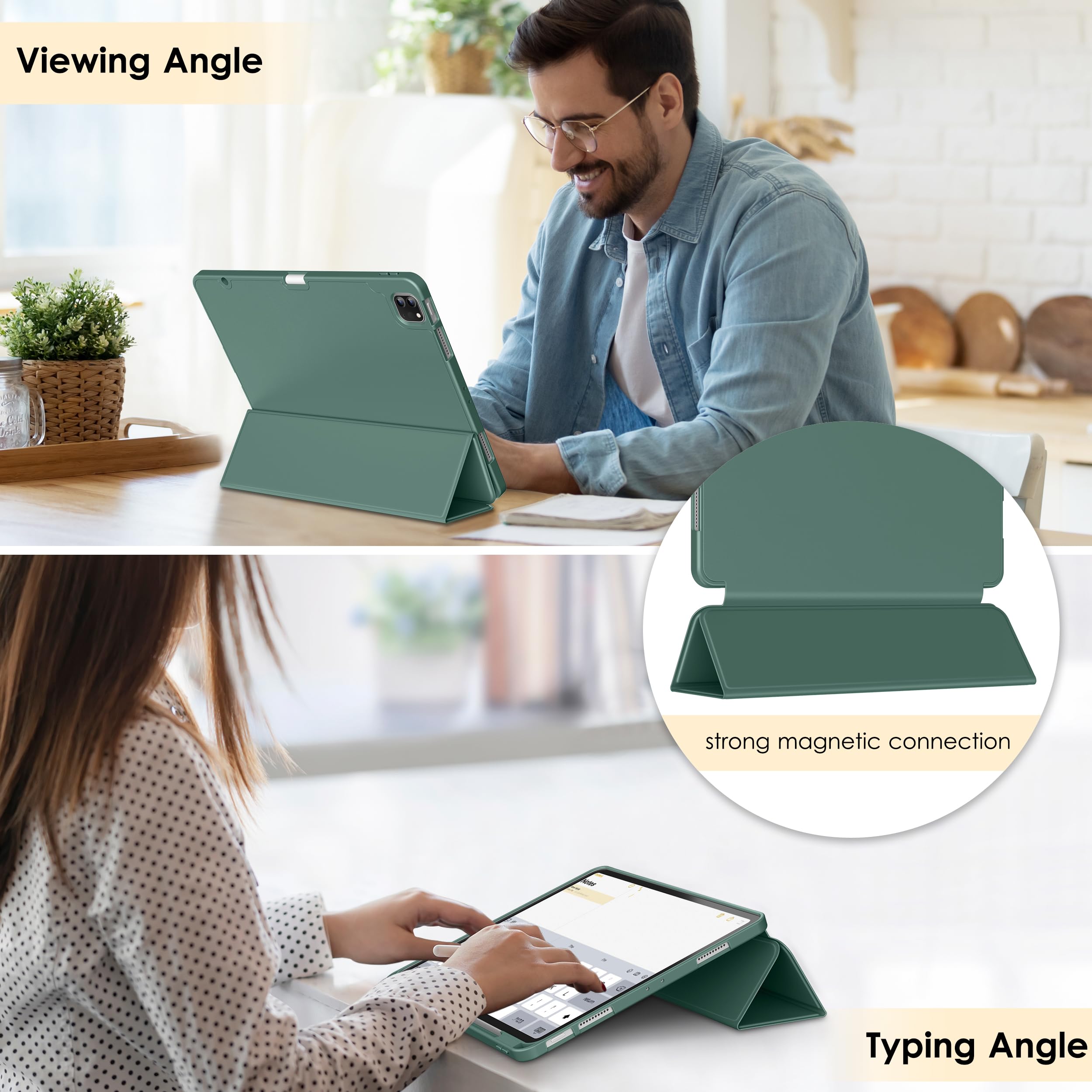 DTTO iPad Air 13 Inch Case M3/M2 2025/2024 & iPad Pro 12.9 Inch Case (6th/5th/4th/3rd Gen) - Slim Trifold Stand Smart Cover with Apple Pencil Holder | Midnight Green | Perfect for Work, Study & Travel Protection