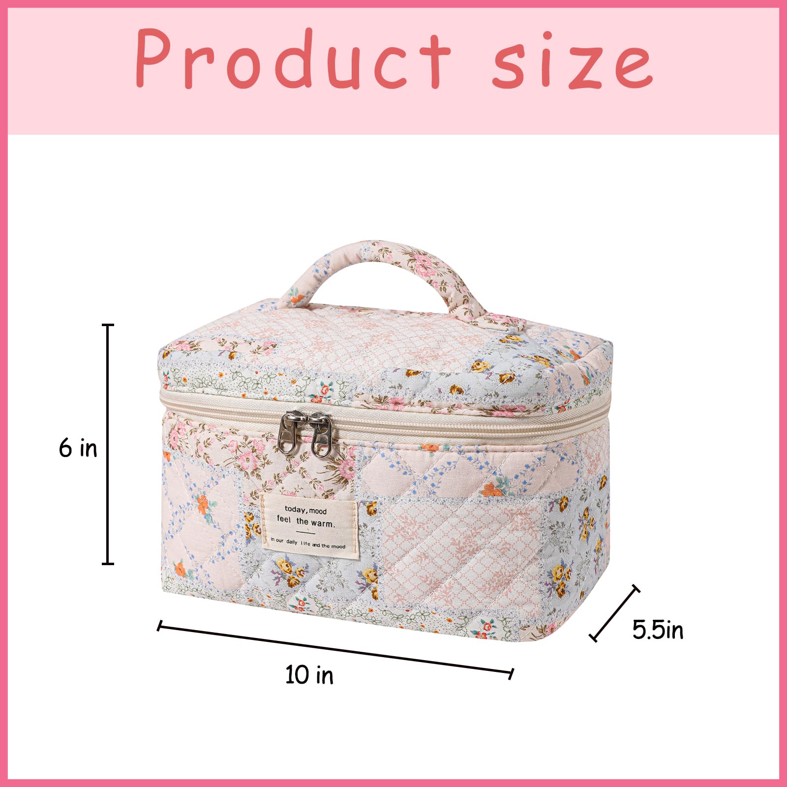 UEKEBOAG Large Quilted Makeup Bag for Women - Floral Coquette Cosmetic Travel Organizer, Cute Kawaii Toiletry Pouch (06 Light Pink) - Perfect for Travel, Gym & Daily Essentials Storage