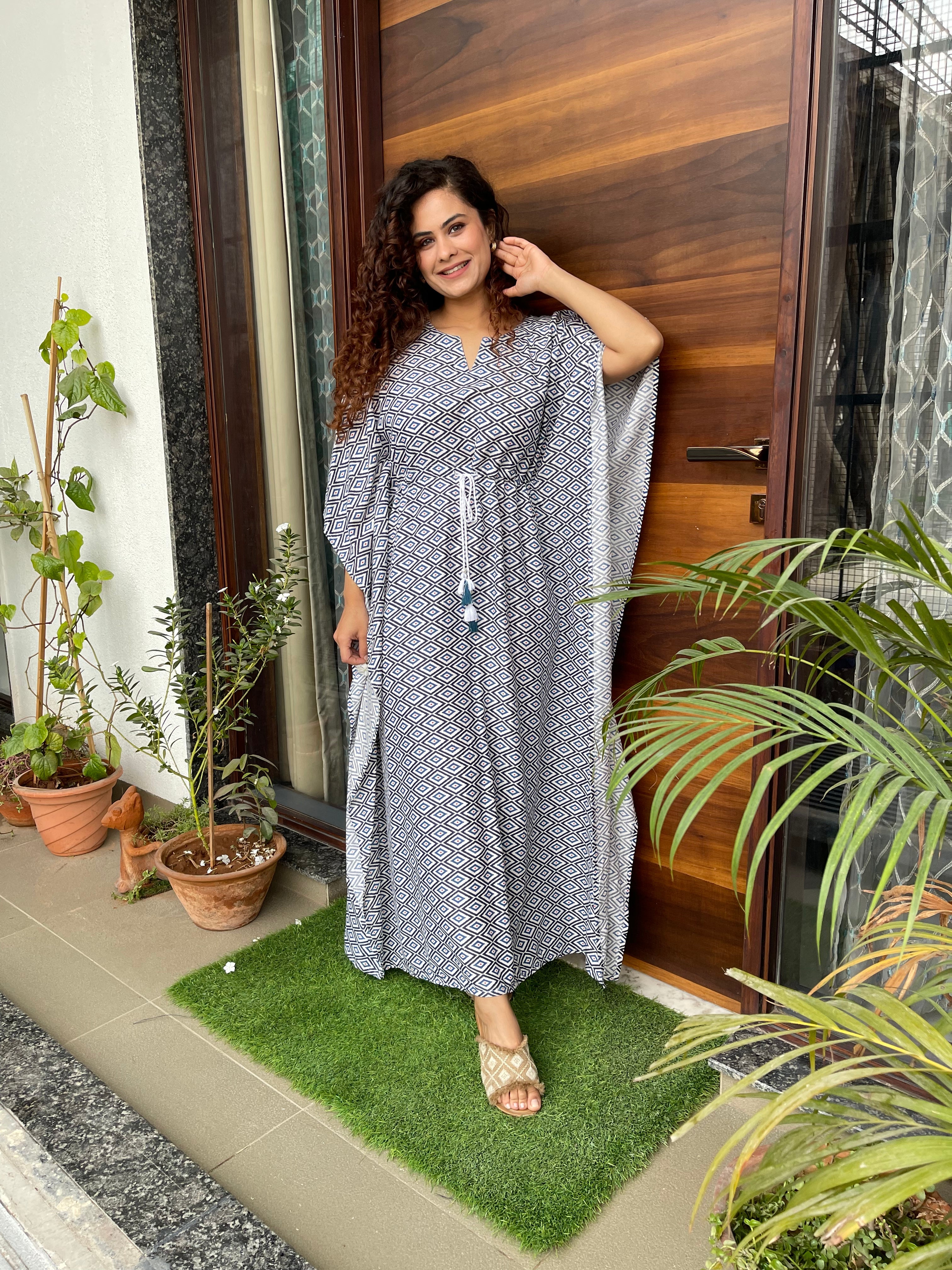 Soft and Comfortable Blue Cotton Kaftan Dress for Women - Perfect for Beach, Lounge, and Summer Vacation Wear