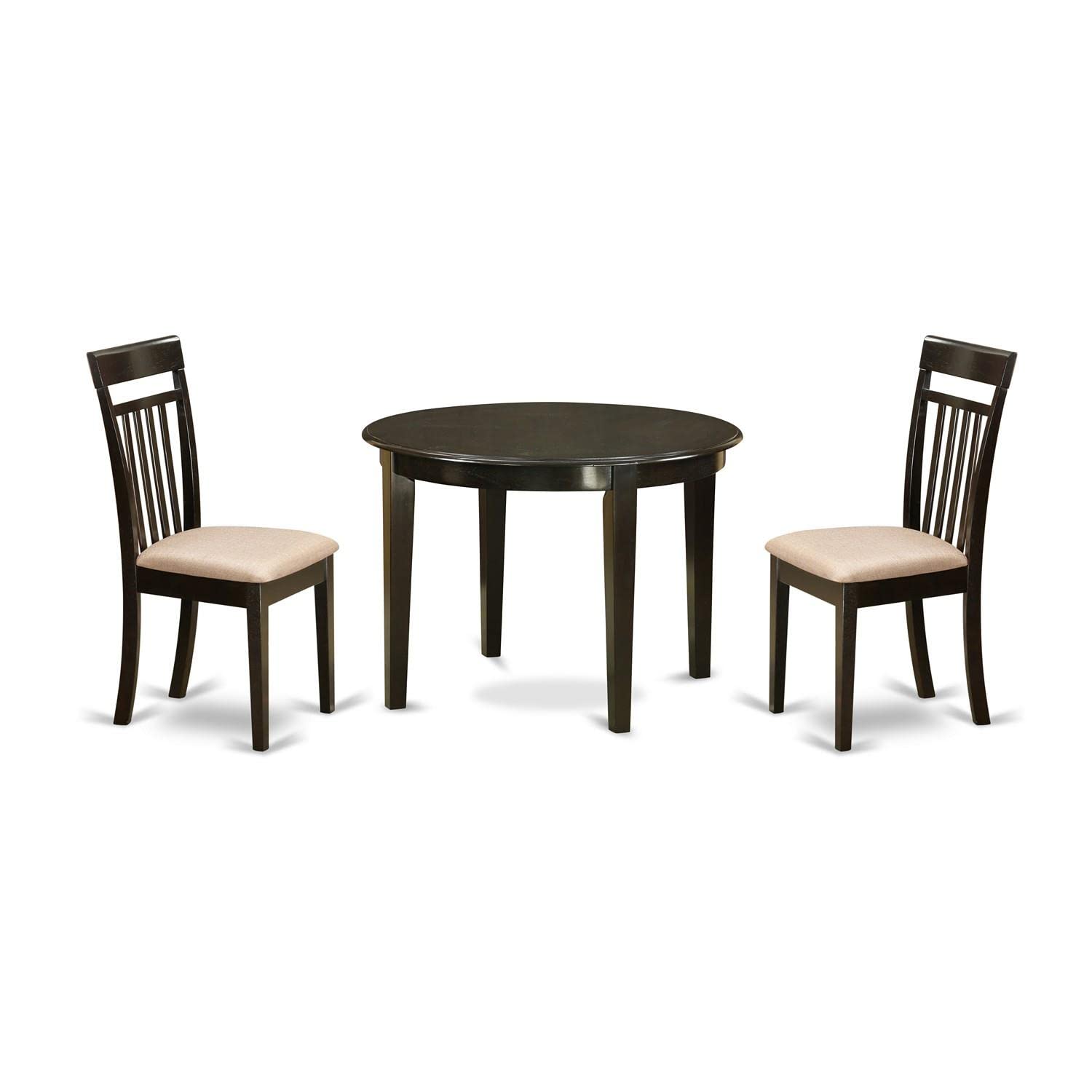 East West Furniture 3-Piece Round Dining Table Set with 2 Linen Upholstered Chairs - 42 Inch Cappuccino Wood Kitchen Table for Small Spaces, Breakfast Nook, and Apartment Dining Areas