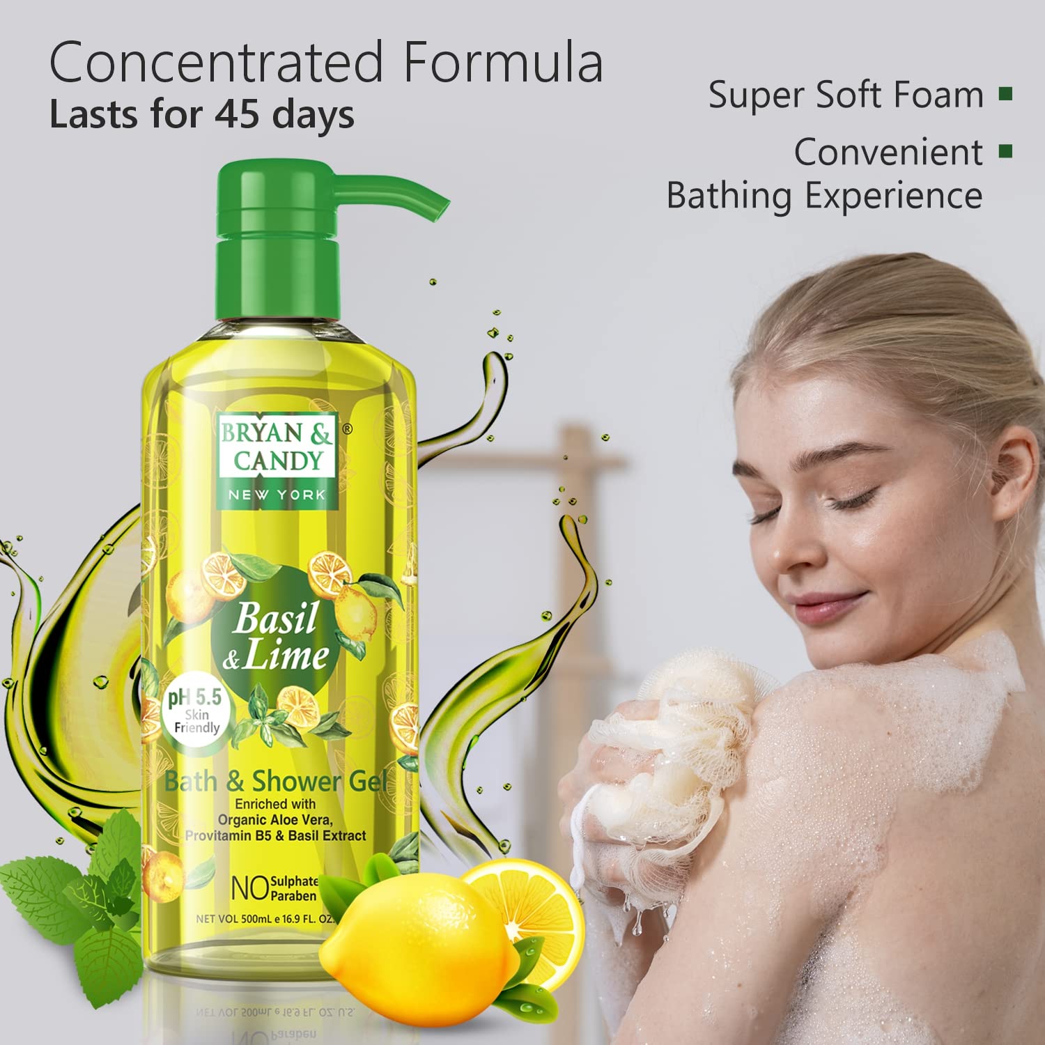 Bryan & Candy Aloe Vera Shower Gel - Gentle Moisturizing Body Wash for Soft, Supple Skin | Basil & Lime Scented | 500ml | Perfect for Daily Hydration & Relaxing Bath Time