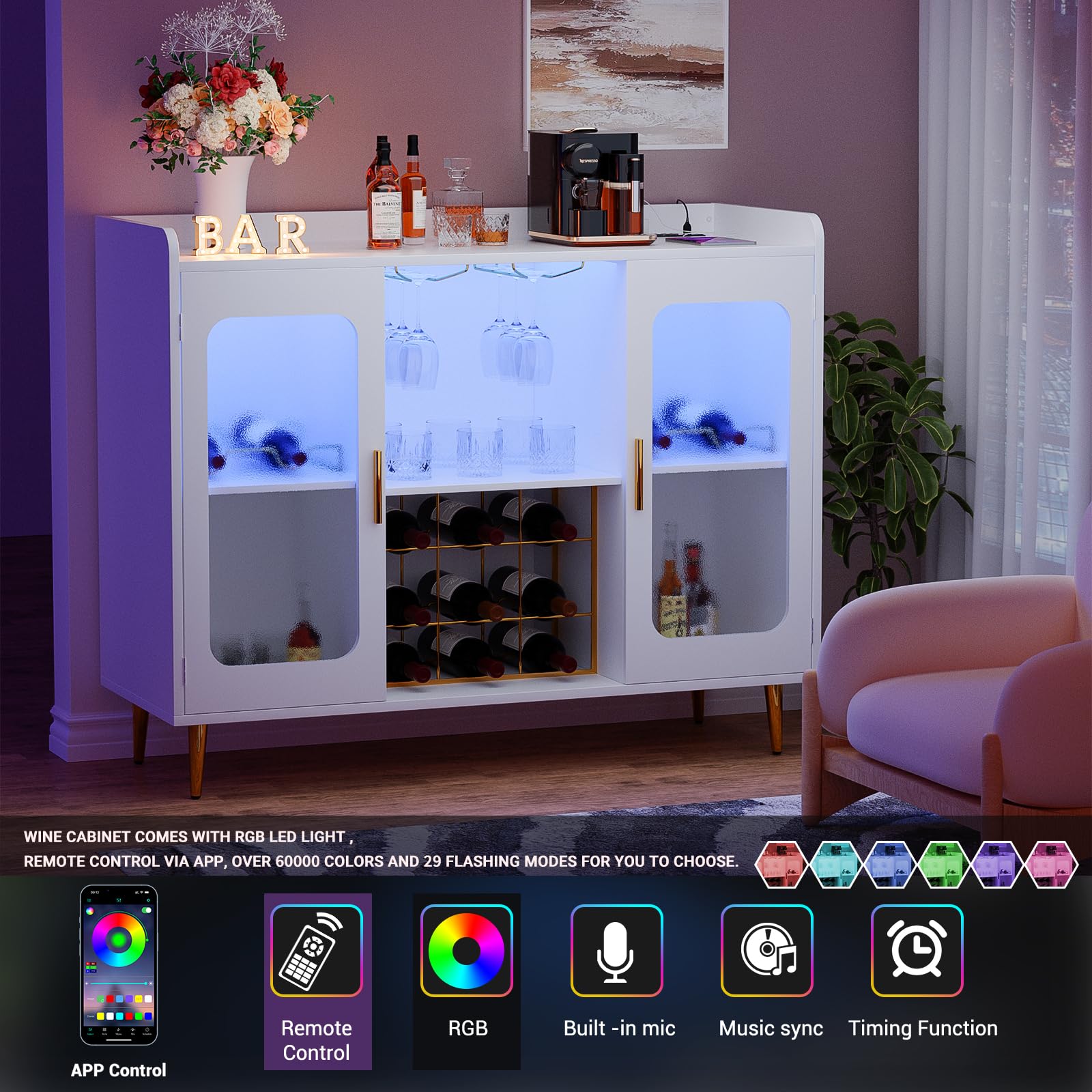 White Liquor Cabinet Bar with Power Outlet & LED Lights - Wine Storage Cabinet with Glass Rack, Home Coffee Bar, Kitchen Buffet Sideboard with Storage Shelf - Perfect for Dining Room, Home Bar Setup & Entertaining Guests