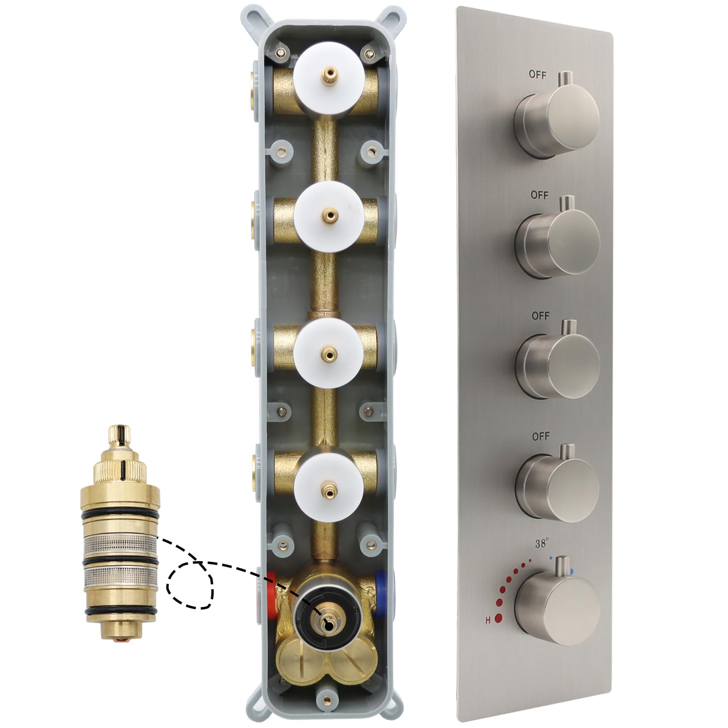 4-Way Thermostatic Shower Mixing Valve - Concealed 5-Handle Brass Diverter Valve with Flow Control - Brushed Nickel Finish for Bathroom Shower System - Perfect for Multi-Function Showers, Spa-Like Experience & Modern Bathroom Renovations