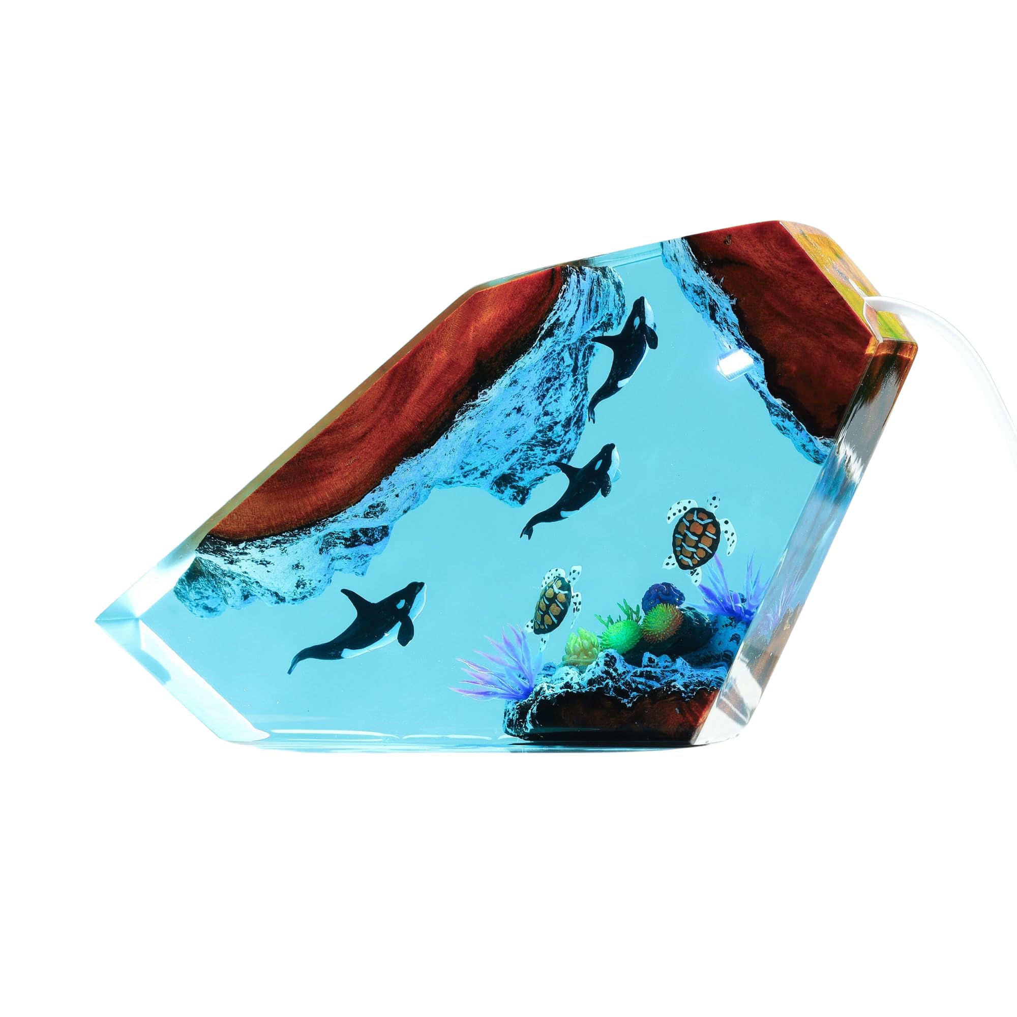 Orca and Turtle Resin Wood Lamp - Ocean Themed Night Light with Dolphin Diorama - 9x6 Inch Epoxy Resin Table Lamp - Unique Gift for Him or Her - Perfect for Bedroom, Living Room, or Office Decor