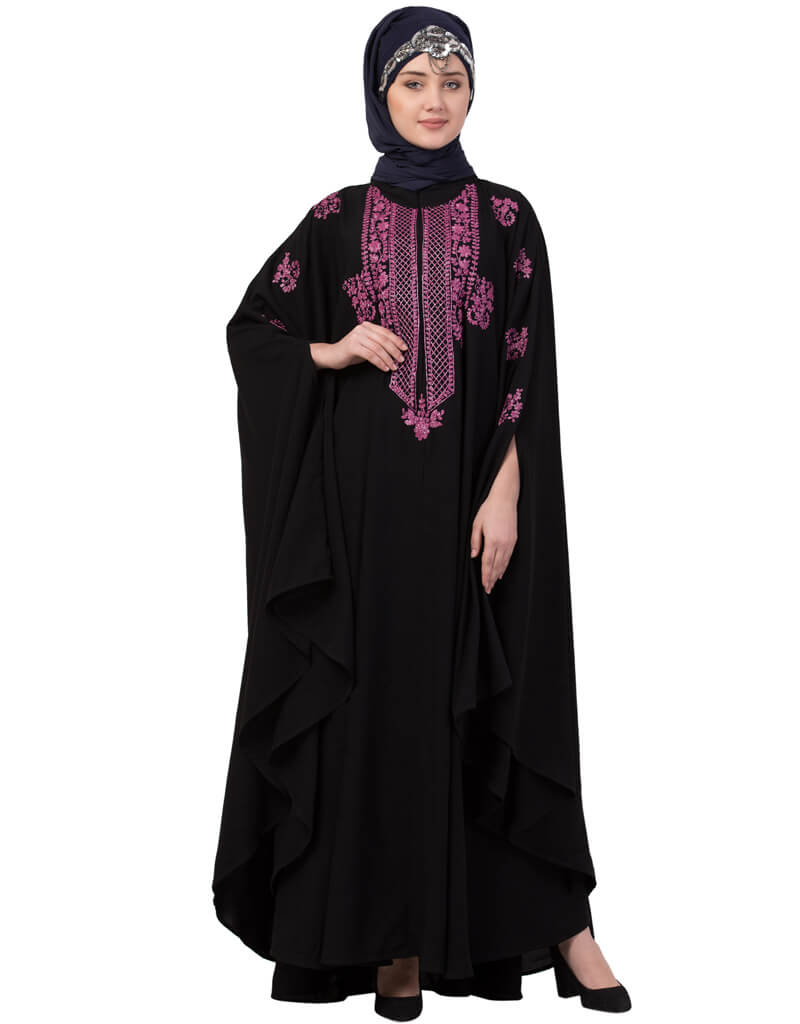 Elegant Black Arabic Contrast Zari Embroidered Irani Kaftan Dress - Perfect for Special Occasions, Weddings & Cultural Events