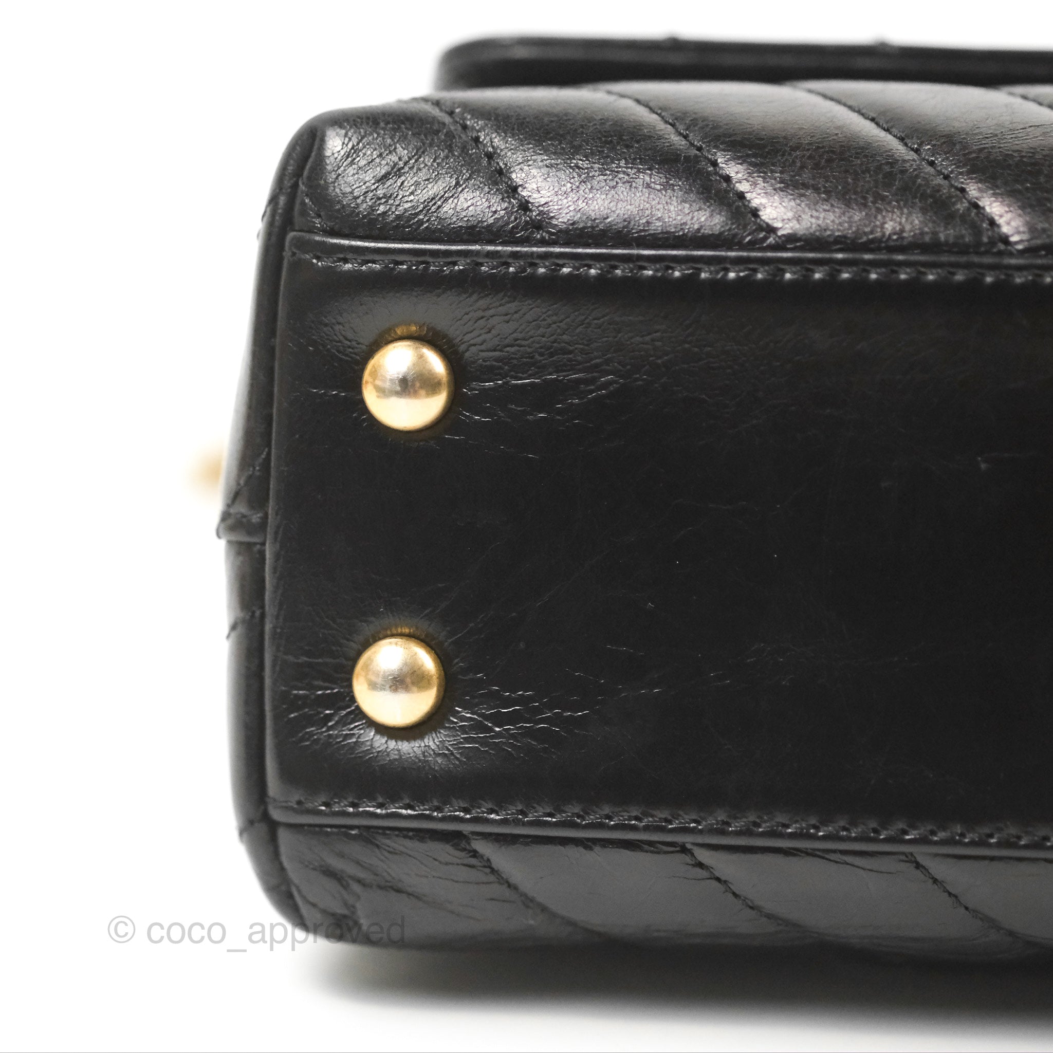 Chanel Chevron Small Coco Handle Bag - Black Shiny Aged Calfskin with Aged Gold Hardware | Luxury Crossbody Purse for Women, Perfect for Evening Parties & Date Nights