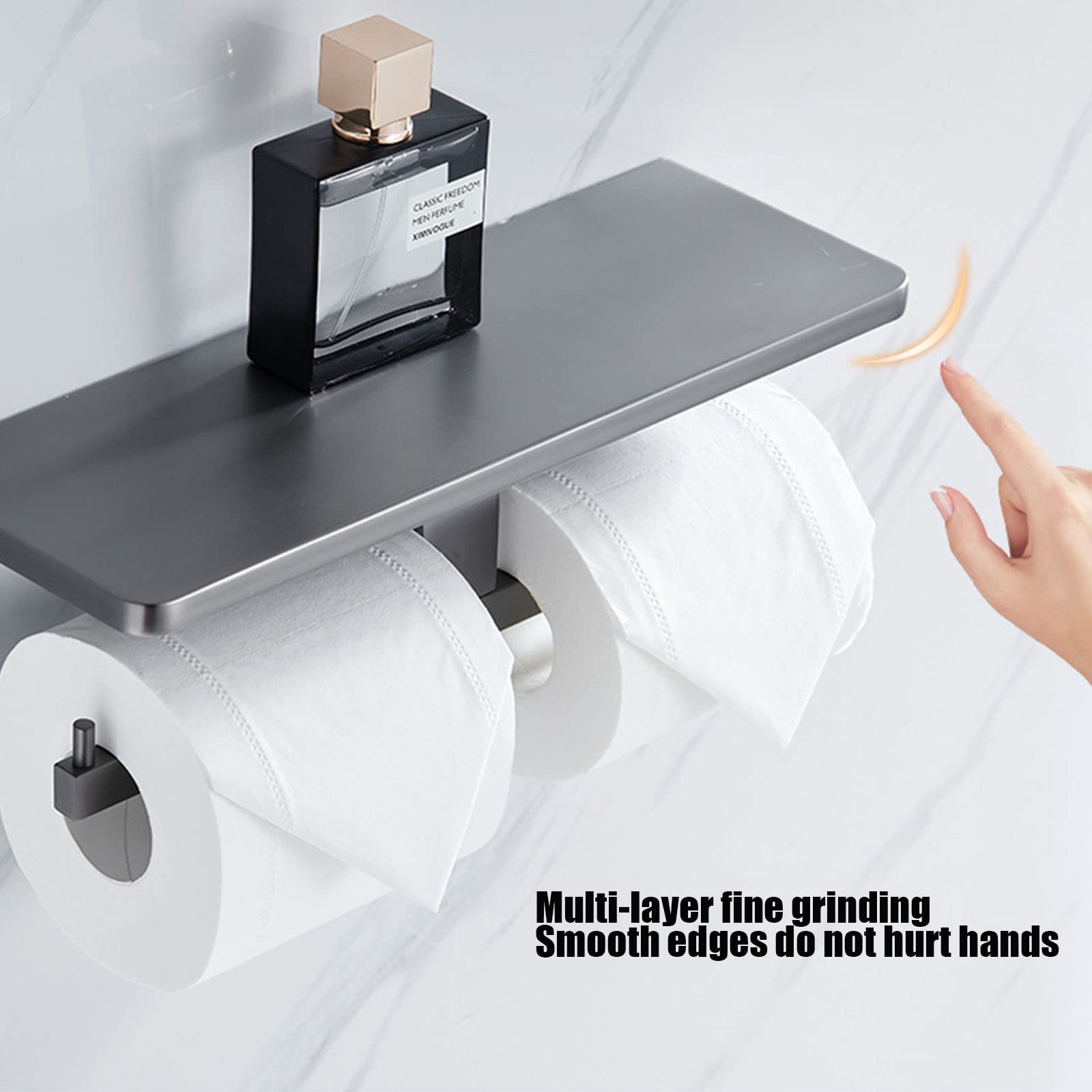 Double Toilet Paper Holder with Shelf - Wall Mounted Bathroom Tissue Dispenser & Phone Storage | Gun Grey Bathroom Accessories for Modern Homes