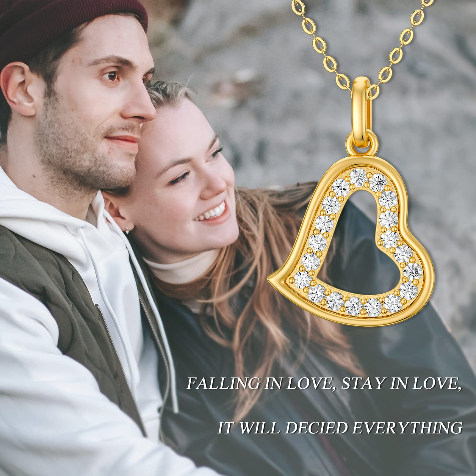14K Solid Gold Natural Diamonds Heart Necklace for Women - Double Love Heart Pendant Jewelry Gift for Her, Wife, Mom, Girlfriend (16