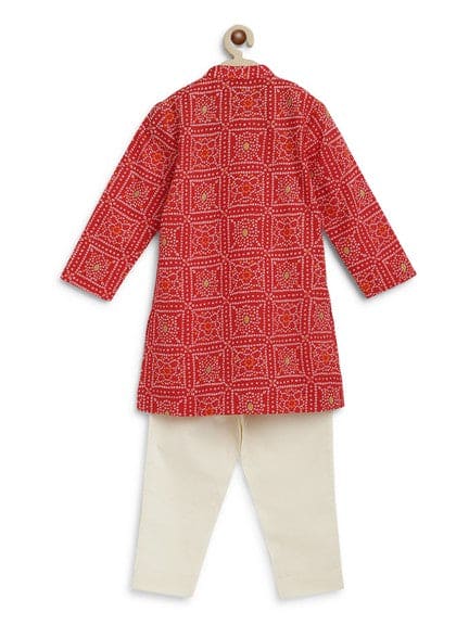 Boys' Bandhani Print Cotton Kurta Set - Red Ethnic Indian Outfit for Festivals & Special Occasions