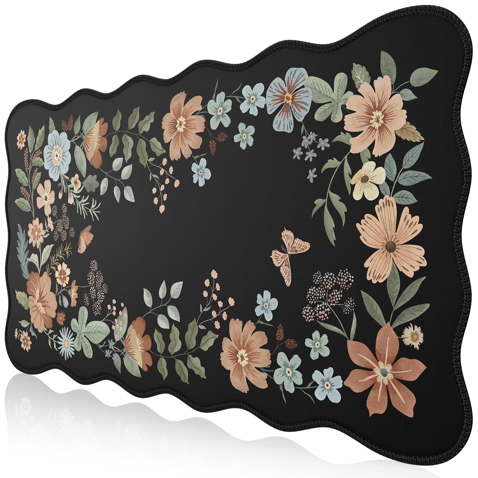 Premium Large Floral Desk Mat for Keyboard & Mouse - Non-Slip Washable Office & Gaming Mouse Pad with Edge Stitching - Perfect for Home Office, Gaming Setup & Workspace (Black)