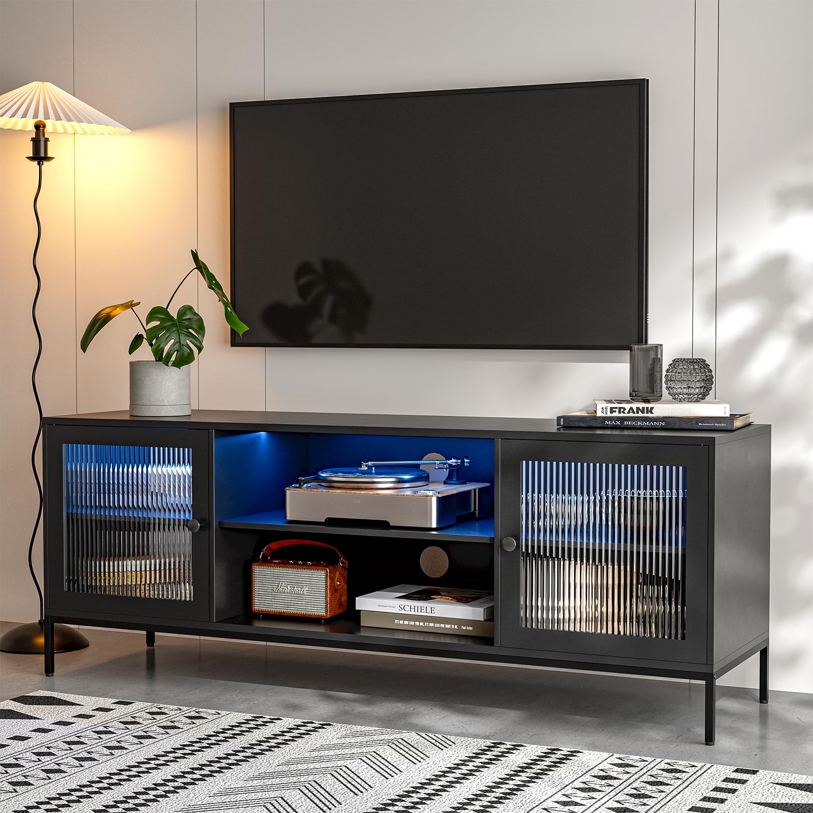 IKIFLY Modern LED TV Stand for 65 Inch TV - Black Entertainment Center with 2 Glass Doors & LED Lights, Glass TV Console Table for Living Room & Bedroom - Perfect for Home Theater & Media Storage