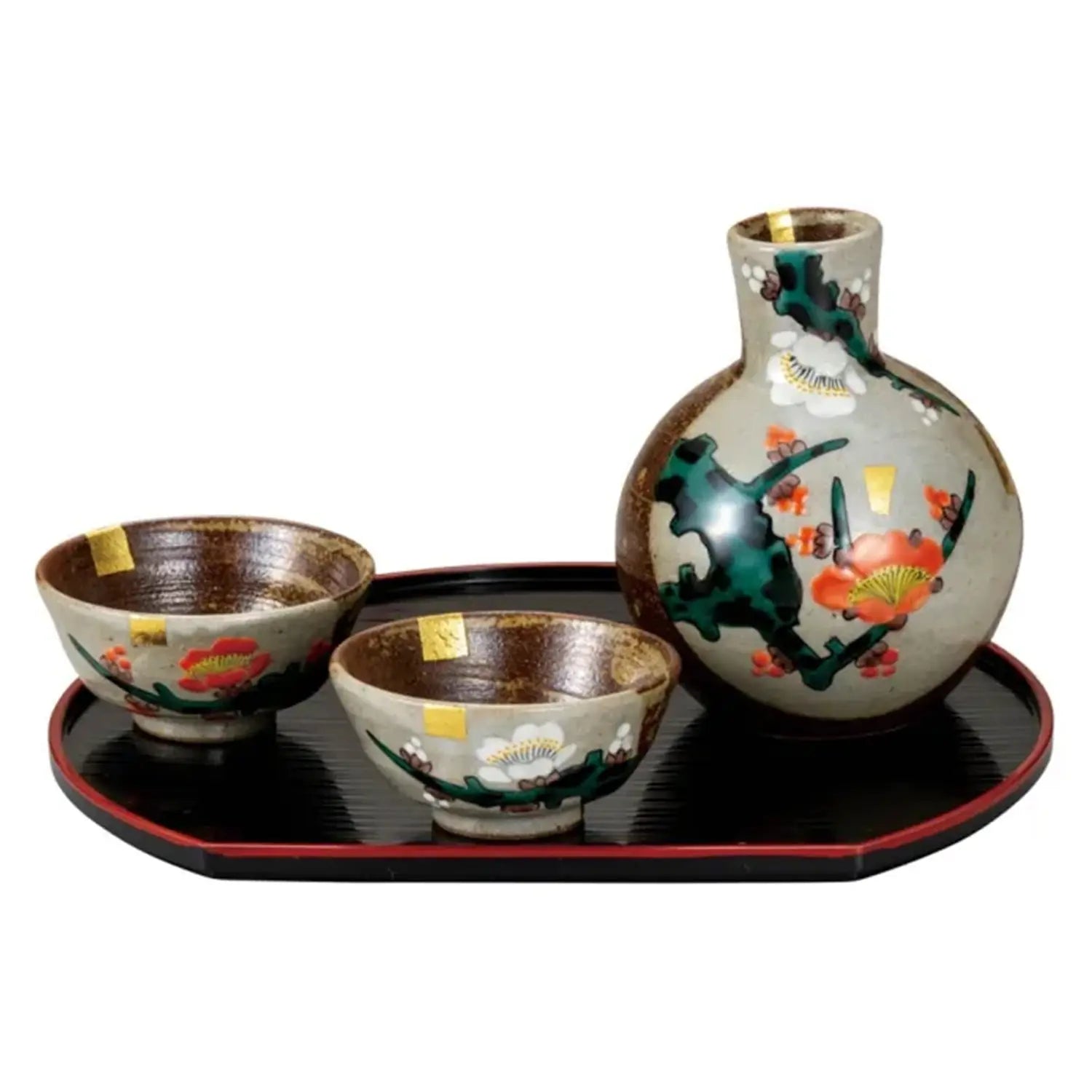 Premium Kutani Ware Japanese Porcelain Sake Set - Kouhakubai Design - Authentic Handcrafted Sake Cups & Decanter - Perfect for Traditional Japanese Dining, Gift Giving & Home Decor