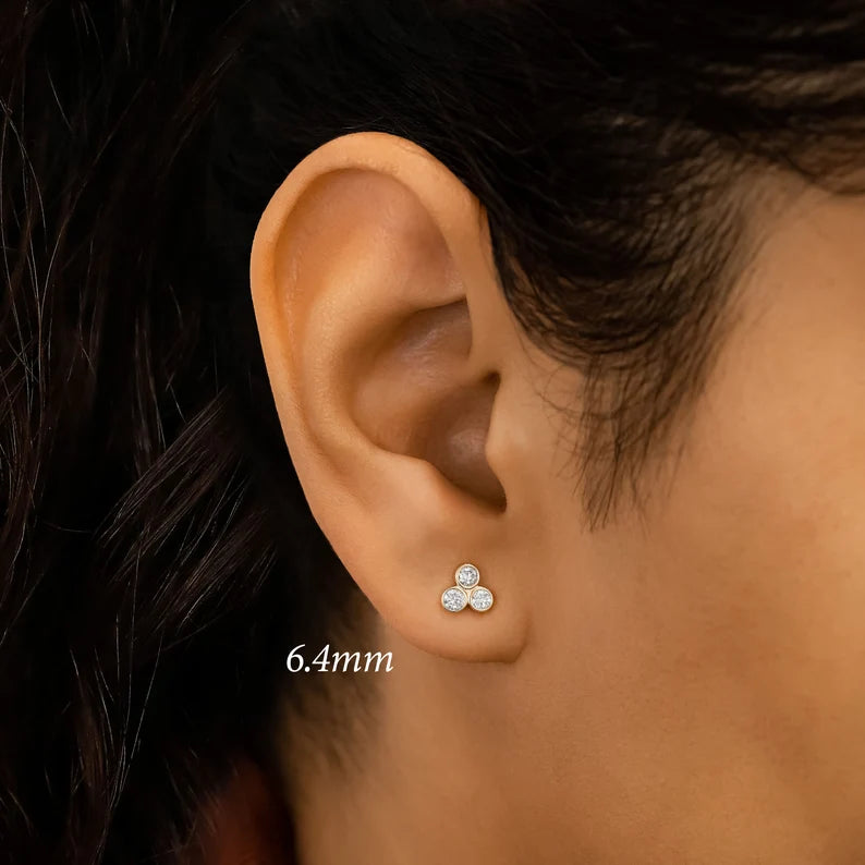 3 Stone Trio Bezel Set Stud Earrings for Women - 925 Sterling Silver Cubic Zirconia Earrings - Minimalist Elegant Jewelry Gift for Birthday, Anniversary & Valentine's Day