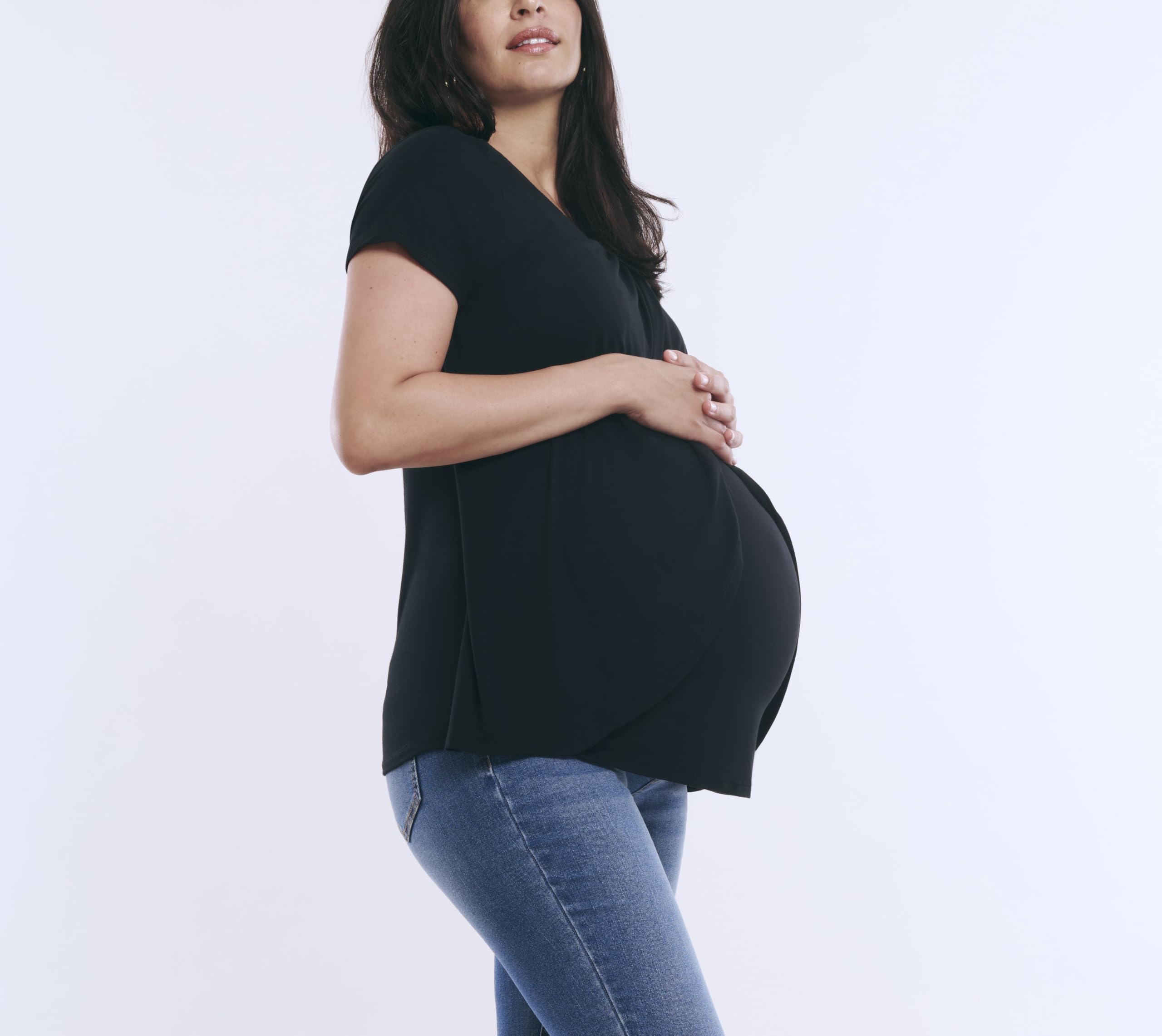 Motherhood Maternity Women's Nursing Tee - Soft Short Sleeve Scoop Neck Maternity Shirt with Layered Tulip Design | Perfect for Breastfeeding, Pregnancy & Everyday Comfort
