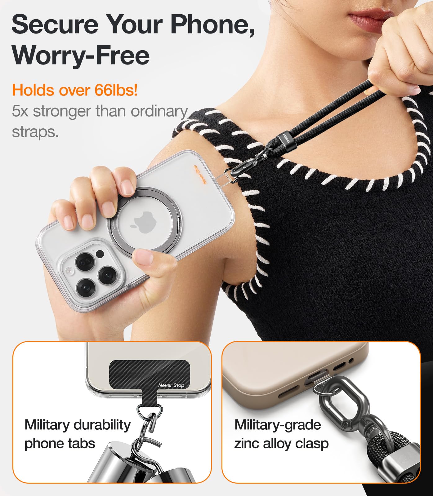 TORRAS Adjustable Anti-Theft Phone Lanyard with 2 Phone Tabs - Universal Crossbody Strap for All Smartphones - Premium Metal Buckles & Skin-Friendly Design - Travel Essentials (Black) | Perfect for Travel, Shopping, Concerts & Outdoor Activities