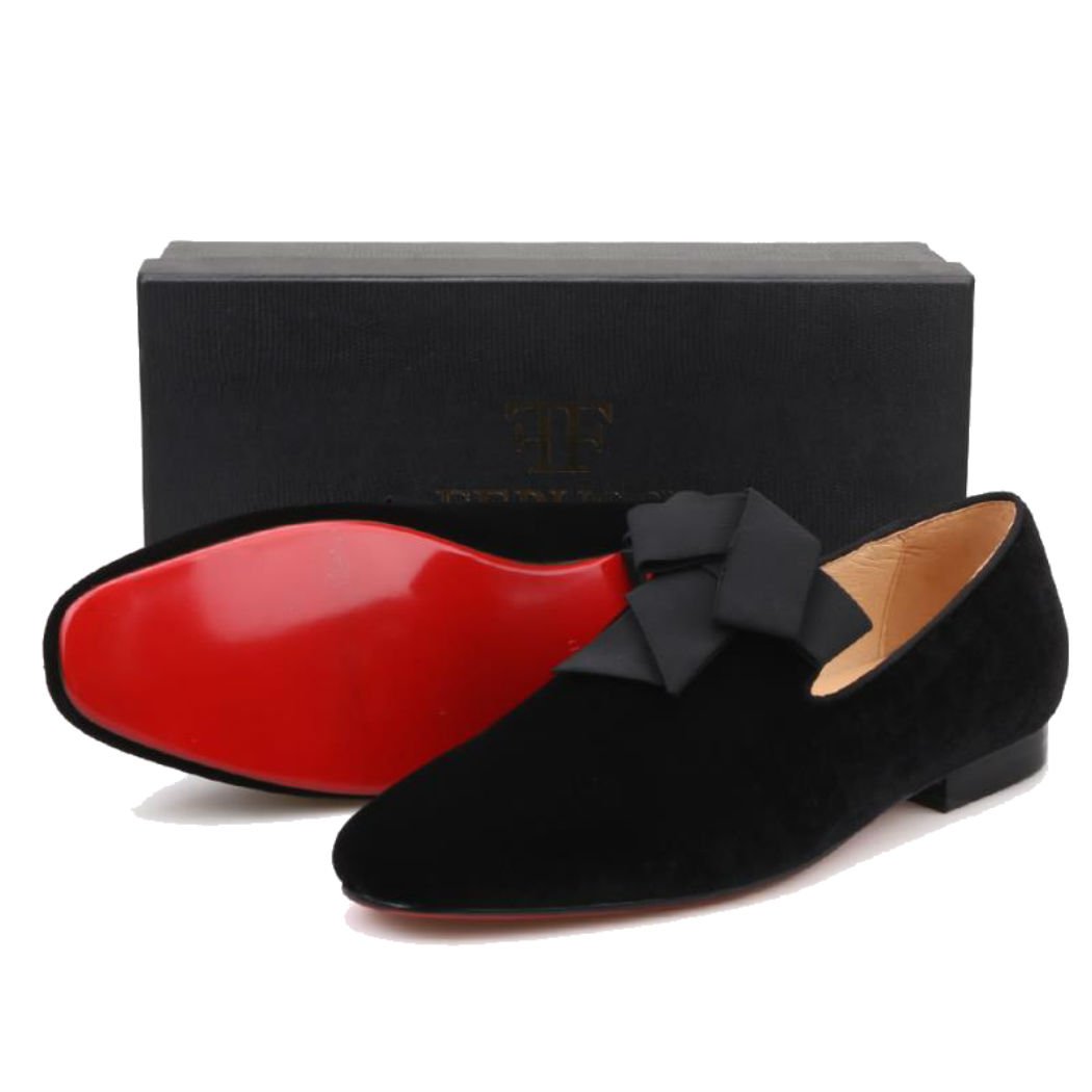 FERUCCI Handmade Men's Black Velvet Loafers with Ribbon Bow - Comfortable House Slippers for Indoor/Outdoor Wear, Perfect Gift for Christmas, Birthday & Special Occasions