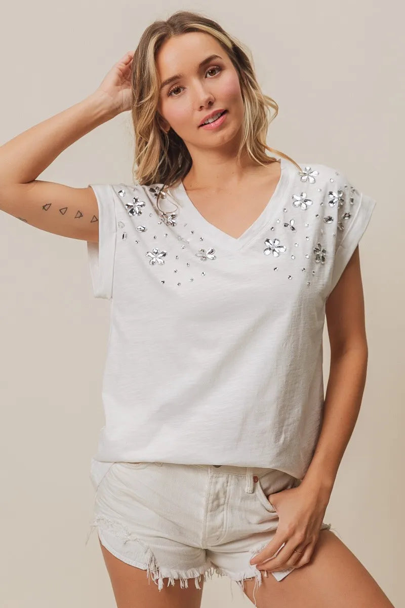BiBi Slub Jersey Rhinestone V Neck Top - Women's Fashion Blouse for Party & Evening Wear - Elegant & Stylish Casual Outfit