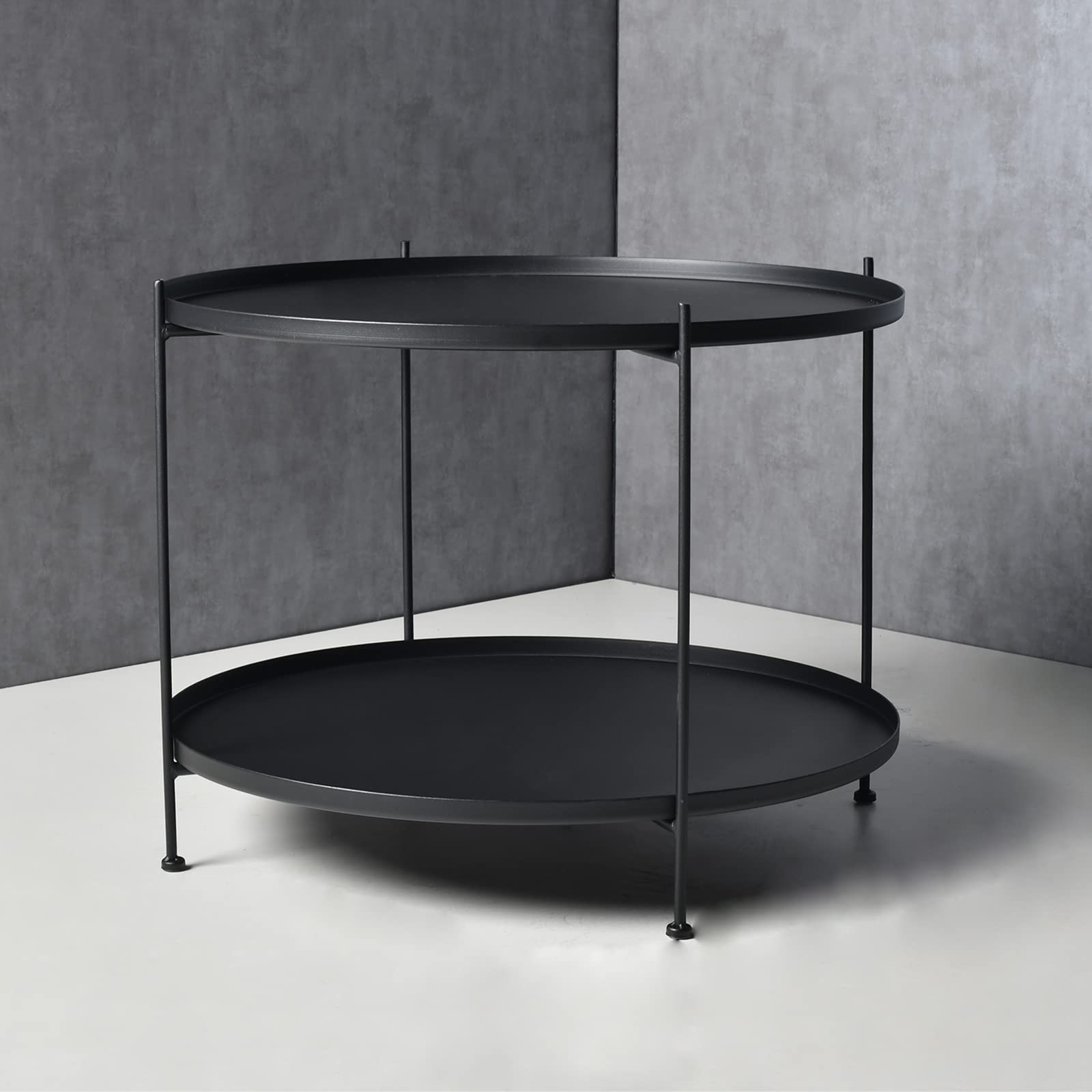 Modern Black Metal End Table - 27.6 Inch Round Side Table for Living Room, Bedroom & Patio - Industrial Style 2-Tier Storage Shelf Coffee Table - Perfect for Small Spaces, Nightstand & Outdoor Furniture