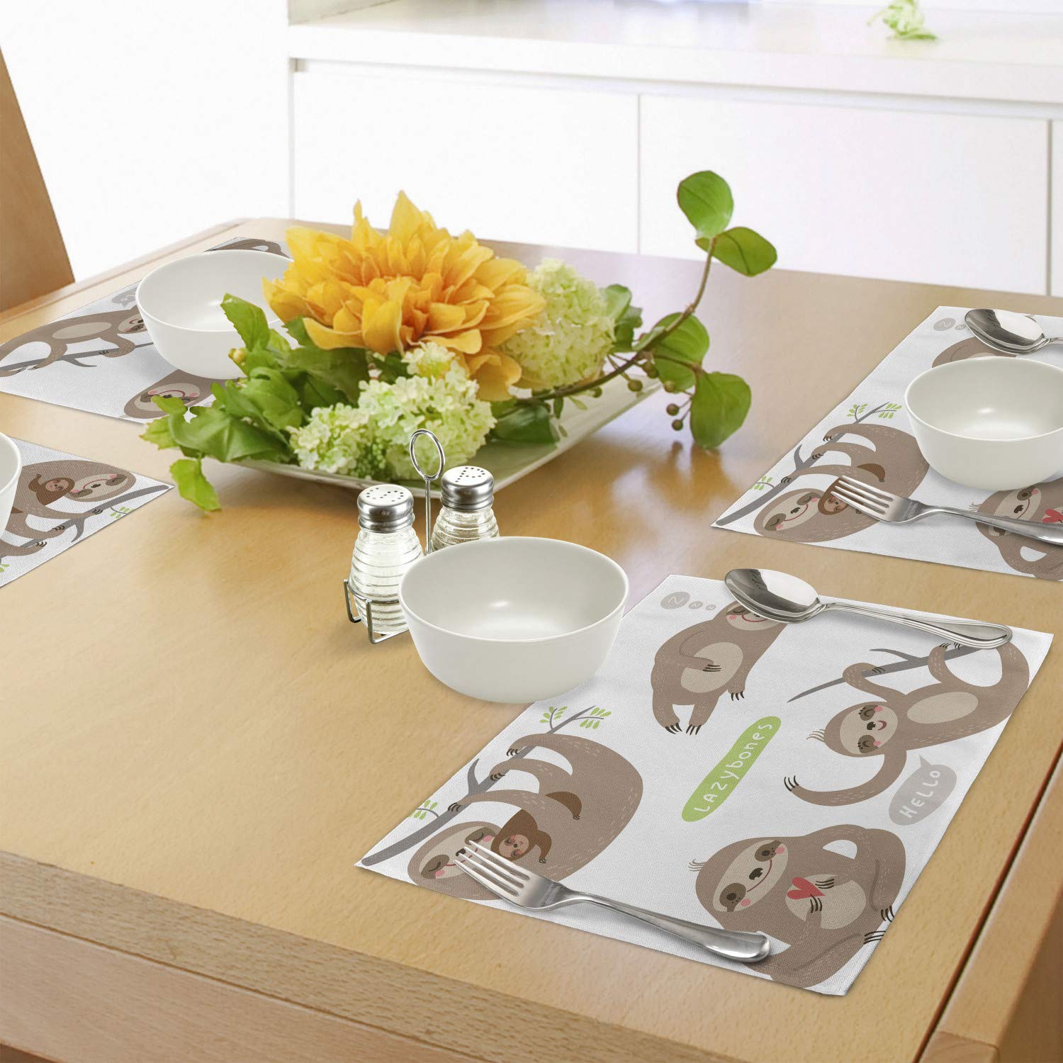 Ambesonne Sloth Place Mats Set of 4 - Funny Lazy Sloths Hugging Family Design, Washable Fabric Table Mats for Dining Room & Kitchen Decor in Pale Brown Grey Green - Perfect for Family Dinners, Kids Meals, and Cozy Home Decor