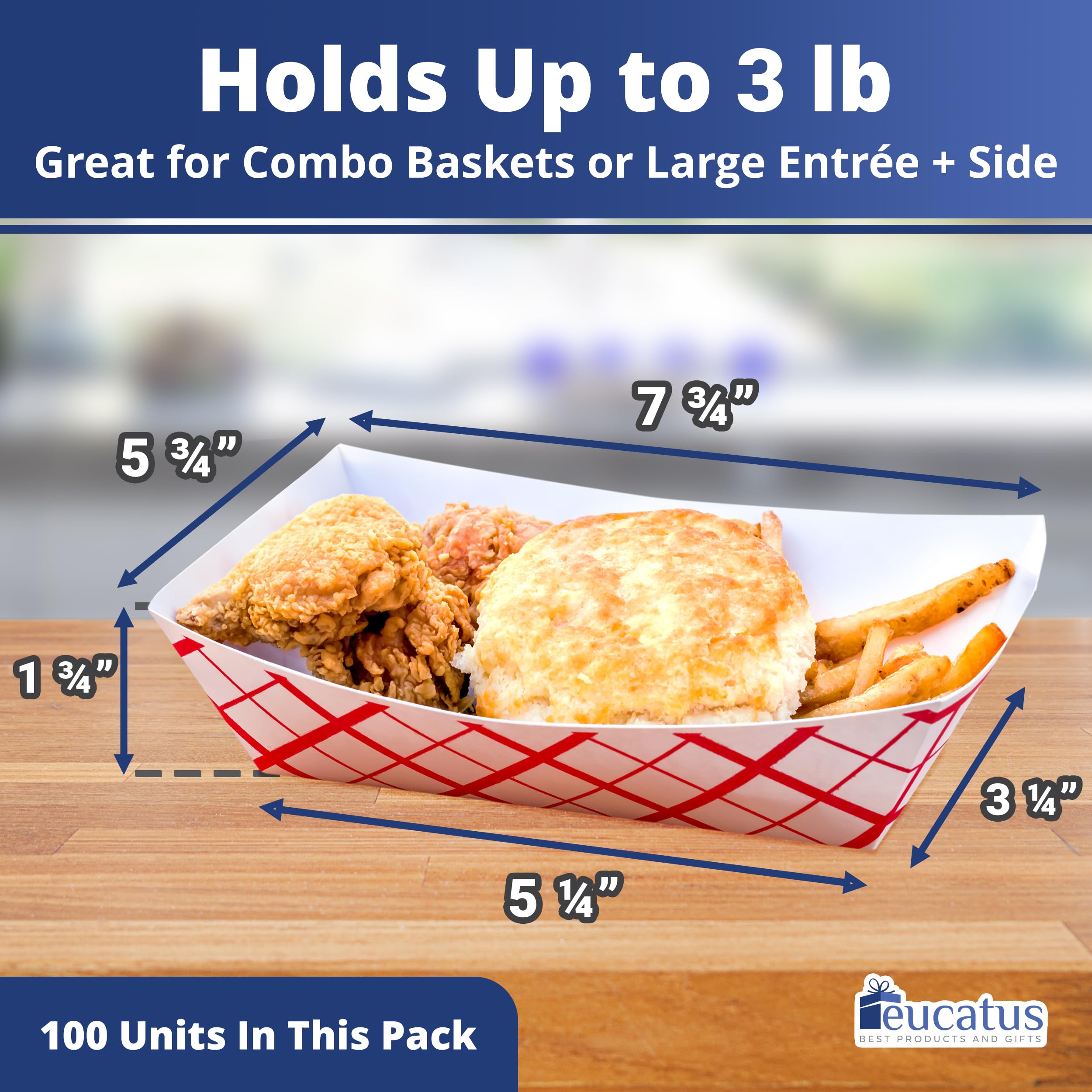 Grease-Proof Heavy Duty Food Trays - 3 lb Capacity (100 Pack) - Classic Checkered Paper Baskets for Hot & Cold Snacks - Perfect for Carnival, Concession Stands, Circus Parties & Outdoor Events