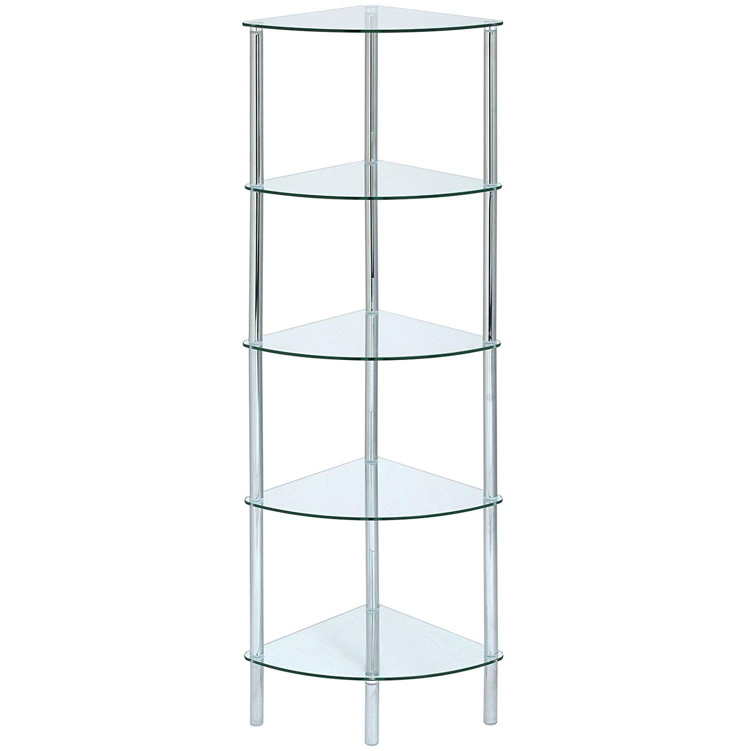 5-Tier Corner Glass Display Shelf - Aspect Polo 5 Clear Glass Unit (Silver/Clear) - Perfect for Retail Stores, Boutiques & Home Decor Organization