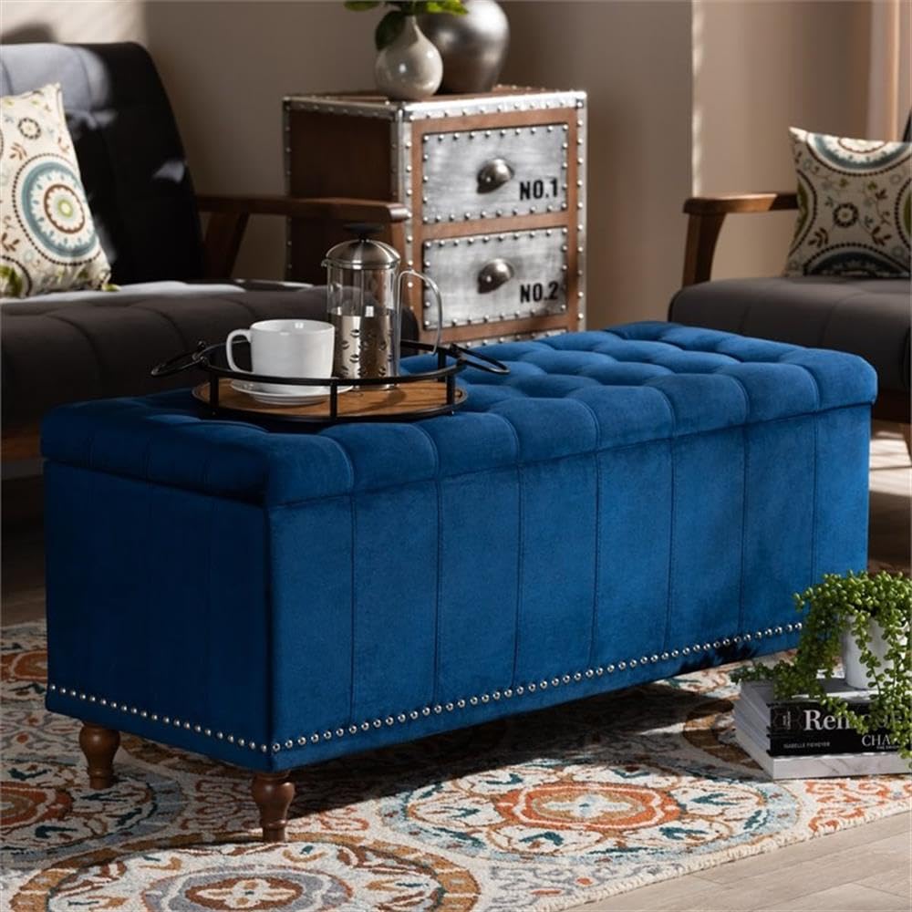 BOWERY HILL Navy Blue Velvet Upholstered Storage Ottoman Bench with Tufted Design - Stylish Footrest, Seat & Hidden Storage for Living Room, Bedroom & Entryway