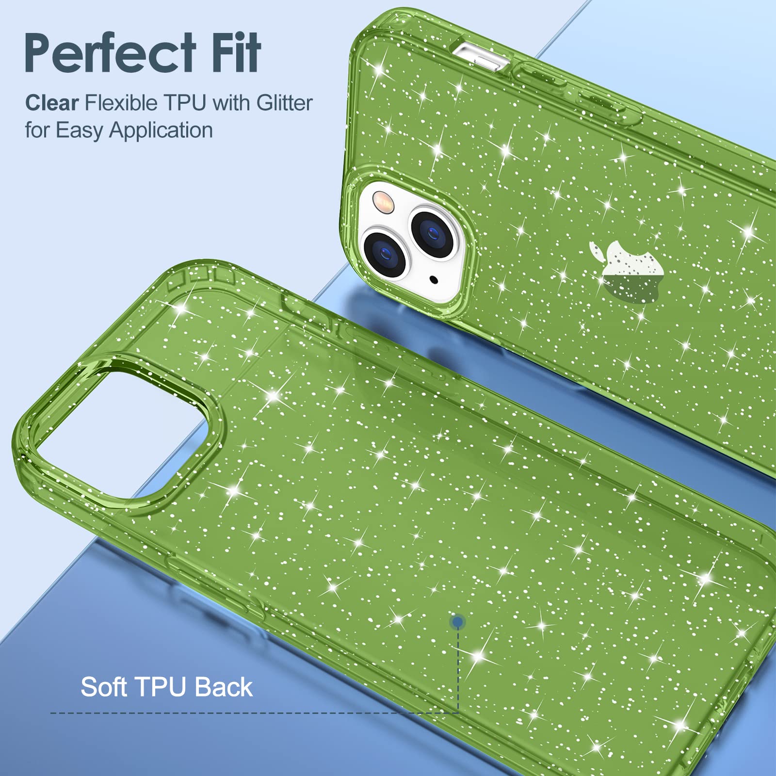 Hython Glitter Case for iPhone 14 Plus - Sparkly Clear TPU Protective Phone Cover with Anti-Scratch & Shockproof Design | Slim Fit Cute Bling Case for Women (Pine Green Glitter) | Perfect for Everyday Use, Parties, and Gift Giving