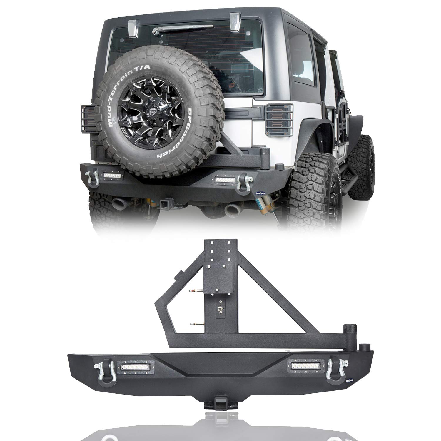 Jeep Wrangler JK Rear Bumper with Tire Carrier, Hitch Receiver & 2x 18W LED Floodlights - Compatible with 2007-2018 JK & Unlimited Models | Off-Road Adventure, Camping & Trail Riding Accessory