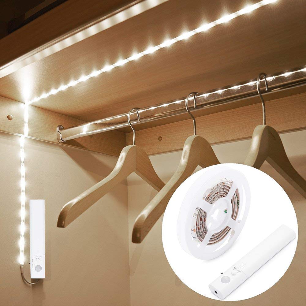 Motion Sensor LED Closet Light - 1.5M Battery Powered PIR Auto On/Off Wardrobe Light Strip, 6000K Cool White for Bedroom, Bathroom, Kitchen, Stairway & Cabinet Lighting (Perfect for Nighttime Safety & Convenient Hands-Free Illumination)