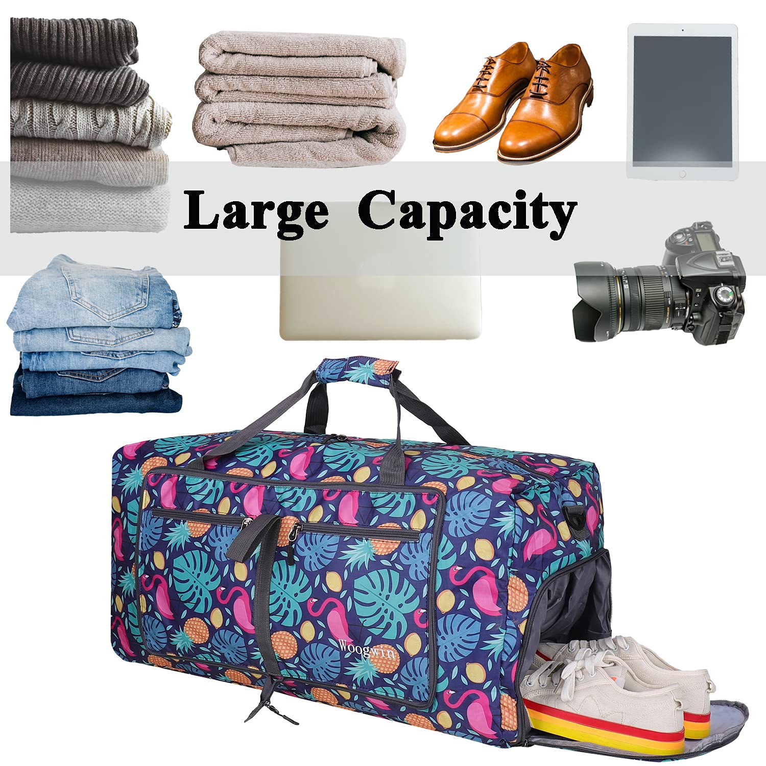 Woogwin Large Waterproof Travel Duffel Bag - Foldable Overnight Bag for Beach, Swim, Pool, Sports, Gym, and Weekend Getaways