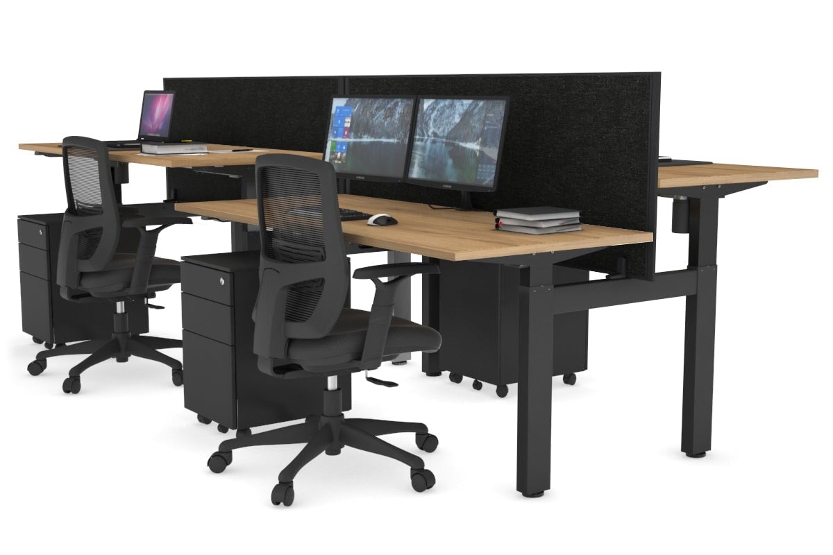 Just Right Height Adjustable 4-Person H Bench Workstation - Black Frame [1400L x 700W] for Office, Coworking Space & Home Office