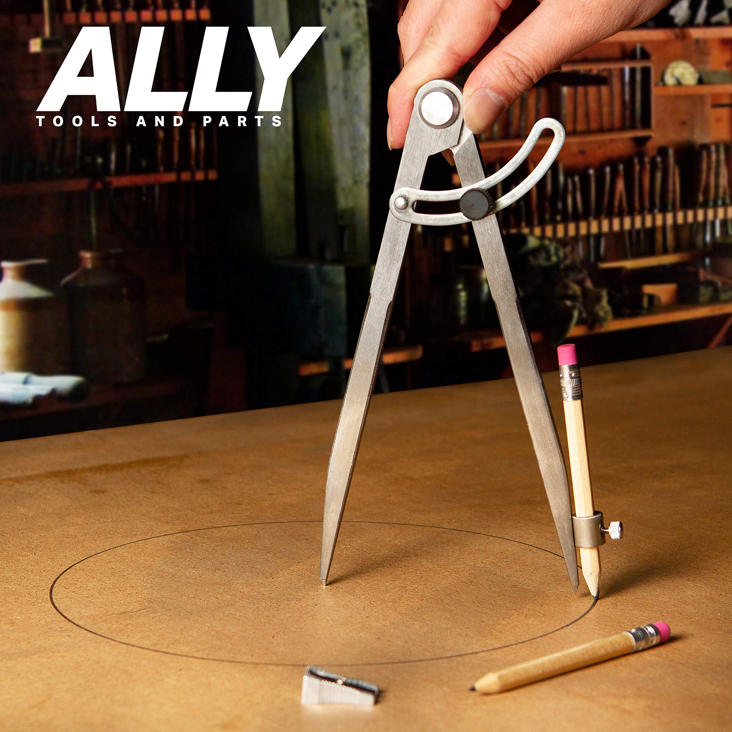 ALLY Tools 8 Inch Precision Locking Wing Divider - Woodworking Compass with Pencil Holder | Includes 2 Pencils & Sharpener | Perfect for Drawing, Drafting, Carpentry & DIY Wood Projects | Great for Artists, Engineers & Woodworkers