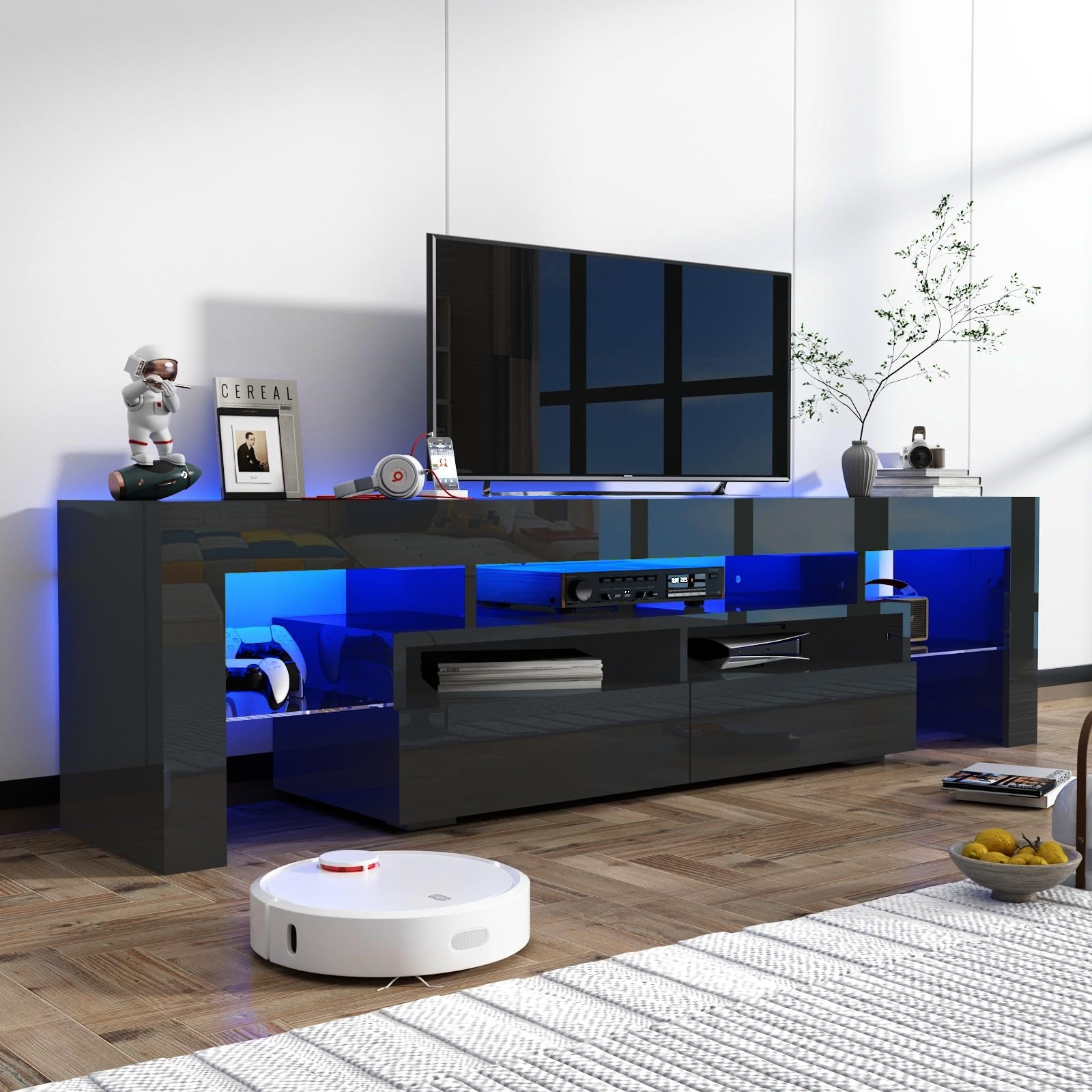 St.Mandyu 65/75/85 Inch LED TV Stand - Modern High Glossy Entertainment Center with Drawer & LED Lights - TV Media Console for Living Room, Game Room & Bedroom - Perfect for Movie Nights & Gaming Setup (Black)