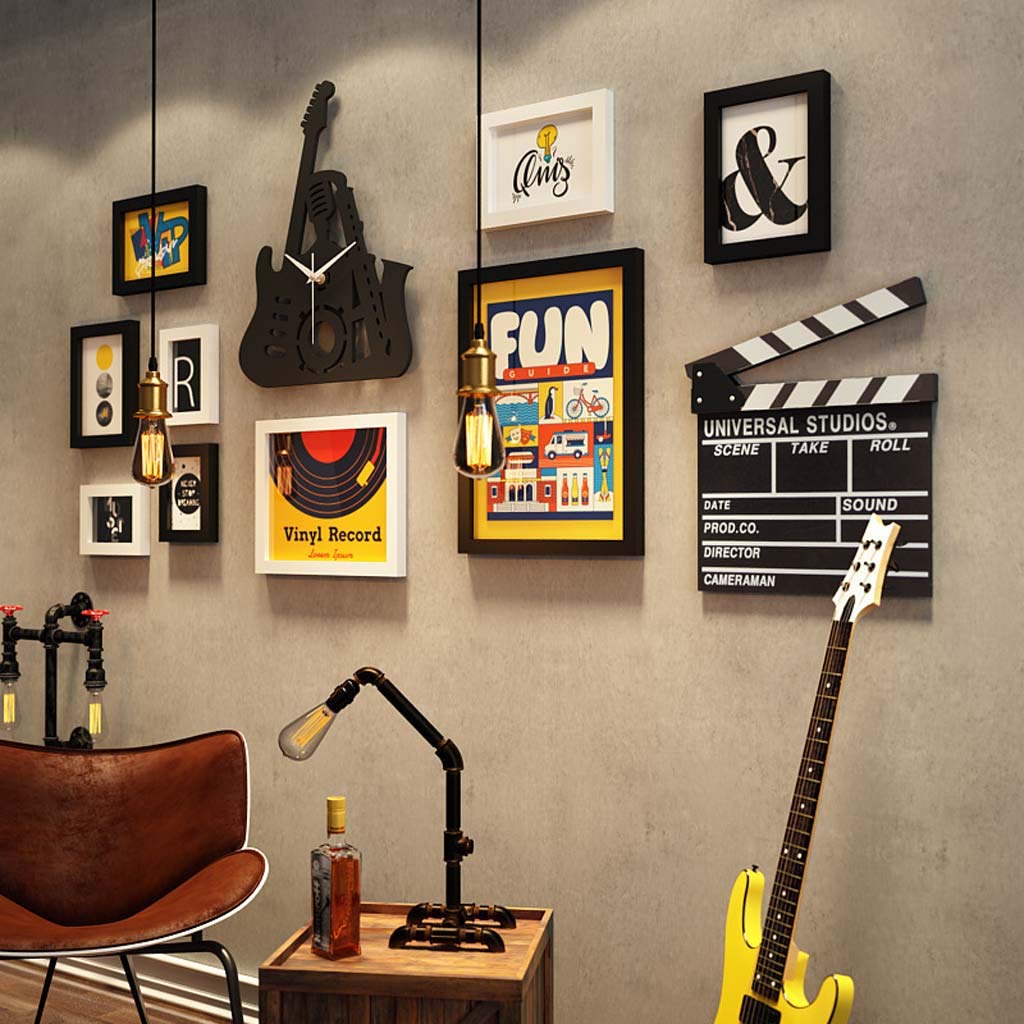 Musical Element Solid Wood Photo Wall Display - Decorative Painting & Photo Frame Set with Rock Real Clock, 9 Frames & 2 Accessories (Black+White) - Perfect for Living Room Decor, Bedroom Wall Art & Home Office Organization