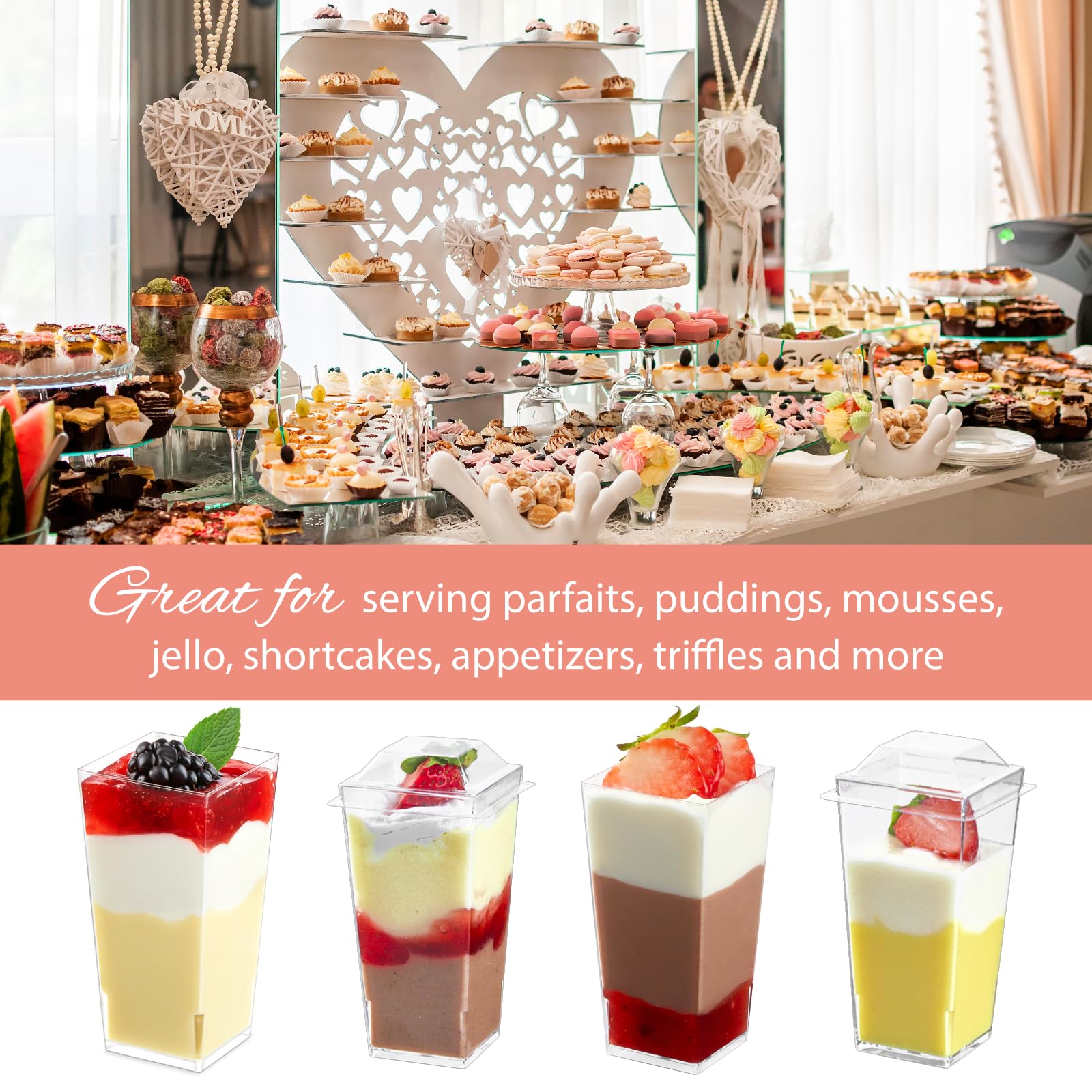 Zezzxu 50-Pack 3 oz Mini Plastic Dessert Cups with Lids & Spoons - Square Shooter Glasses for Appetizers, Parfaits, Mousse, Trifle, Fruit Pudding | Perfect for Parties, Catering & Home Dessert Serving