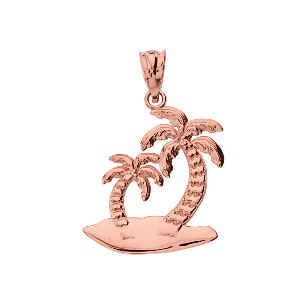 10k Rose Gold Palm Tree Island Charm Pendant Necklace for Women - Tropical Beach Vacation Jewelry Gift - Perfect for Summer, Travel & Layering