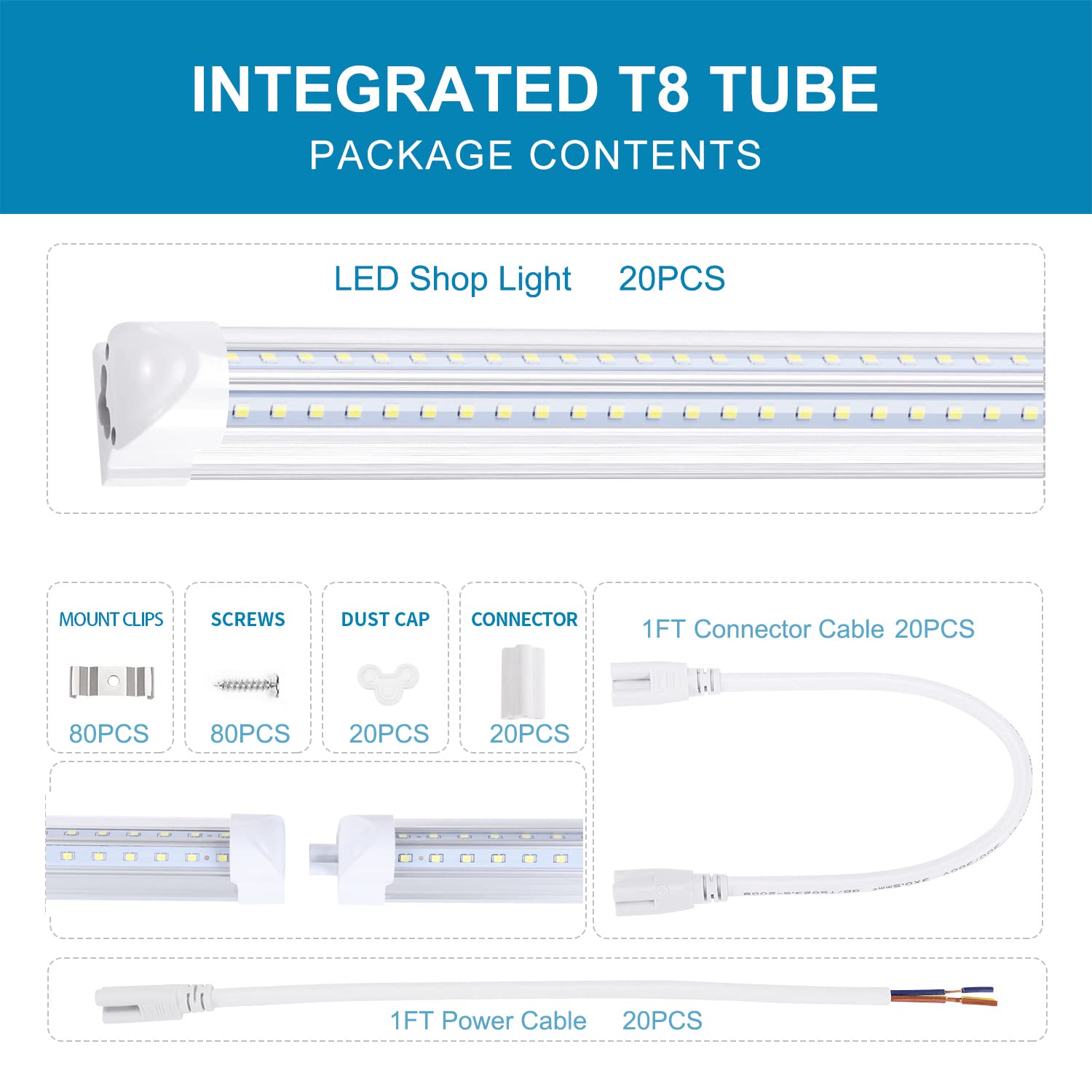 20-Pack Linkable Shop Lights Fixture - 100W 8ft LED Tubes, T8 Integrated LED Light Fixture with V-Shaped 270° Beam Angle, 6000K Daylight White, Plug & Play - Perfect for Garage, Warehouse, Workshop & Retail Lighting - Energy Efficient LED Fluorescent Tube Replacement