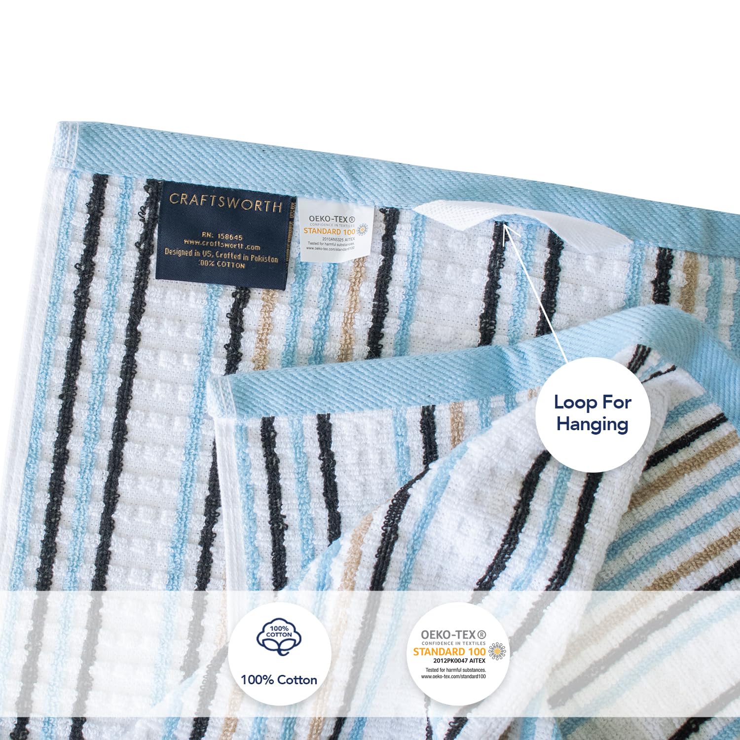 Premium 6-Pack CRAFTSWORTH 100% Ring Spun Cotton Kitchen Towels - 15x26 Inches, 400 GSM, Super Soft & Absorbent Dish Towels in Aqua Solid & Stripe Patterns - Perfect for Drying Dishes, Cleaning Countertops, and Bar Use