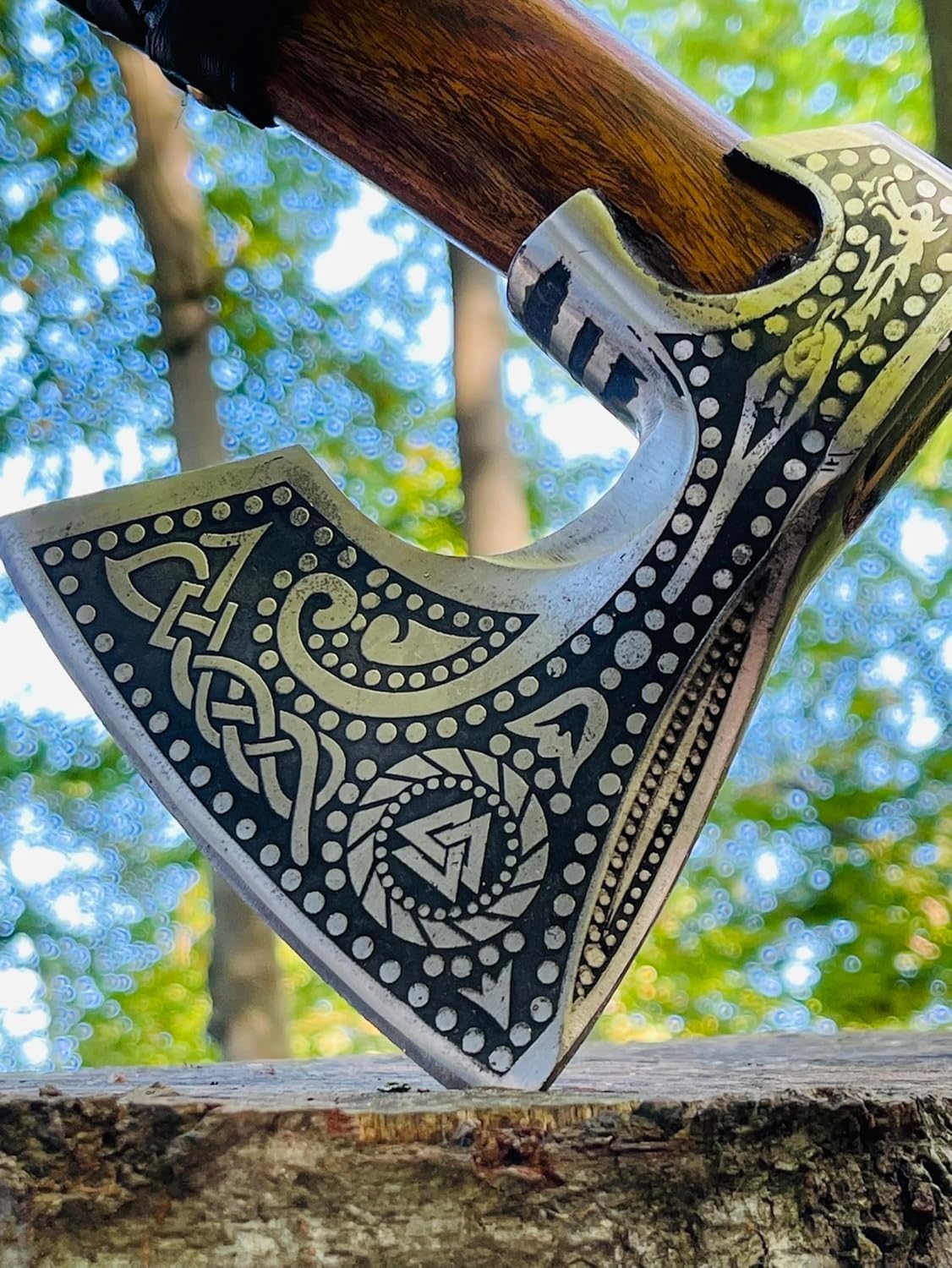 Handmade Viking Axe - High Carbon Steel Forged Tomahawk Bearded Axe for Throwing & Wood Chopping - Norse Warrior Gift for Men - Camping, Survival & Outdoor Activities - Valknut Design Woodworking Tool
